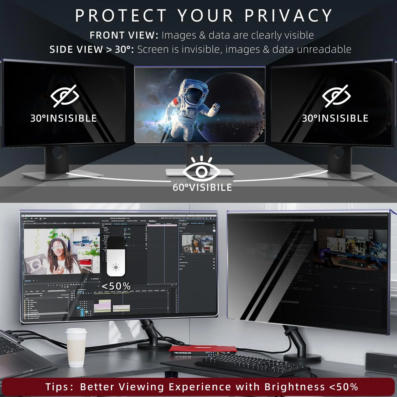HaruYo 23-24 Pollici Hanging Filtro Privacy per 23"/23,6"/23,8"/24" Monitor, Privacy Pellicola de Protezione Filtro, Anti-UV, Anti Luce Blu, Anti Spy Proteggi Schermo (23-24")