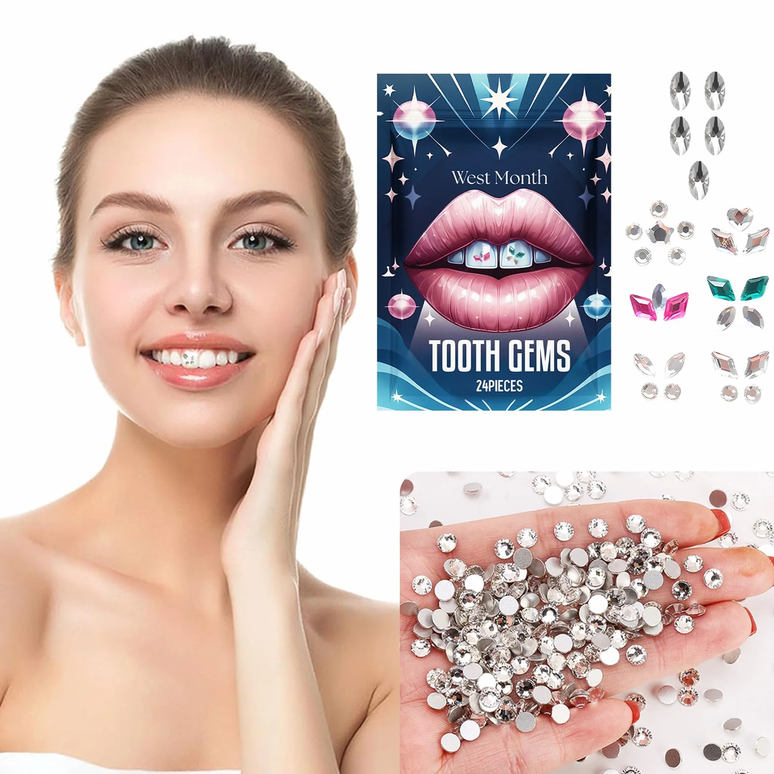 Brillantino Dente Tooth Gems Kit Strass Bianchi Diamanti Occhio Di Cavallo Cristallo