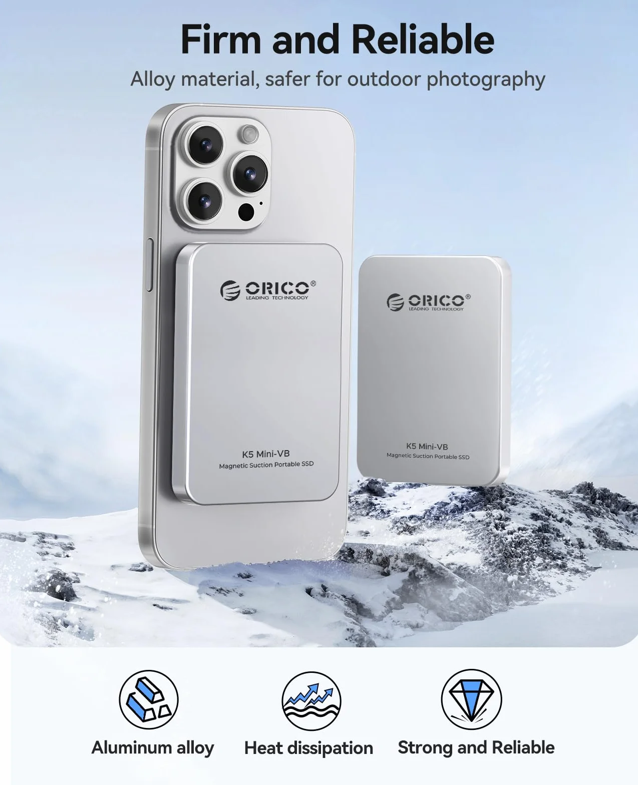ORICO 480GB SSD esterno magnetico, in lega di alluminio, fino a 460MB/s, hard disk esterno ssd, espandi lo storage per iPhone 17 Pro Max, compatibile con MagSafe, smartphone USB‑C – K5MINI