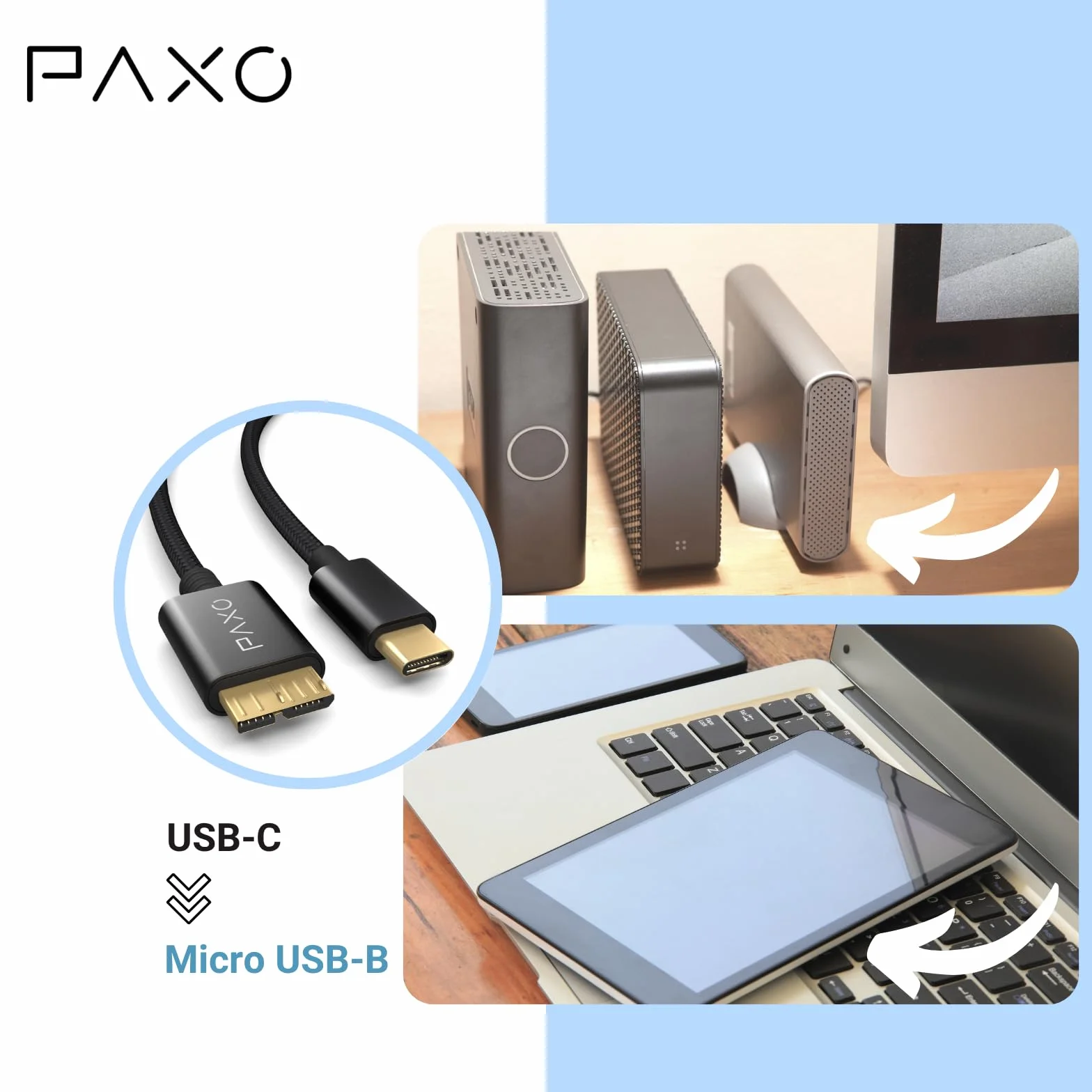 PAXO Cavo hard disk da 0,3 m, 10 Gbit/s, USB C-MICRO USB3.2 Gen2, cavo USB, cavo dati, cavo di ricarica, nero, da USB C maschio a Micro B maschio