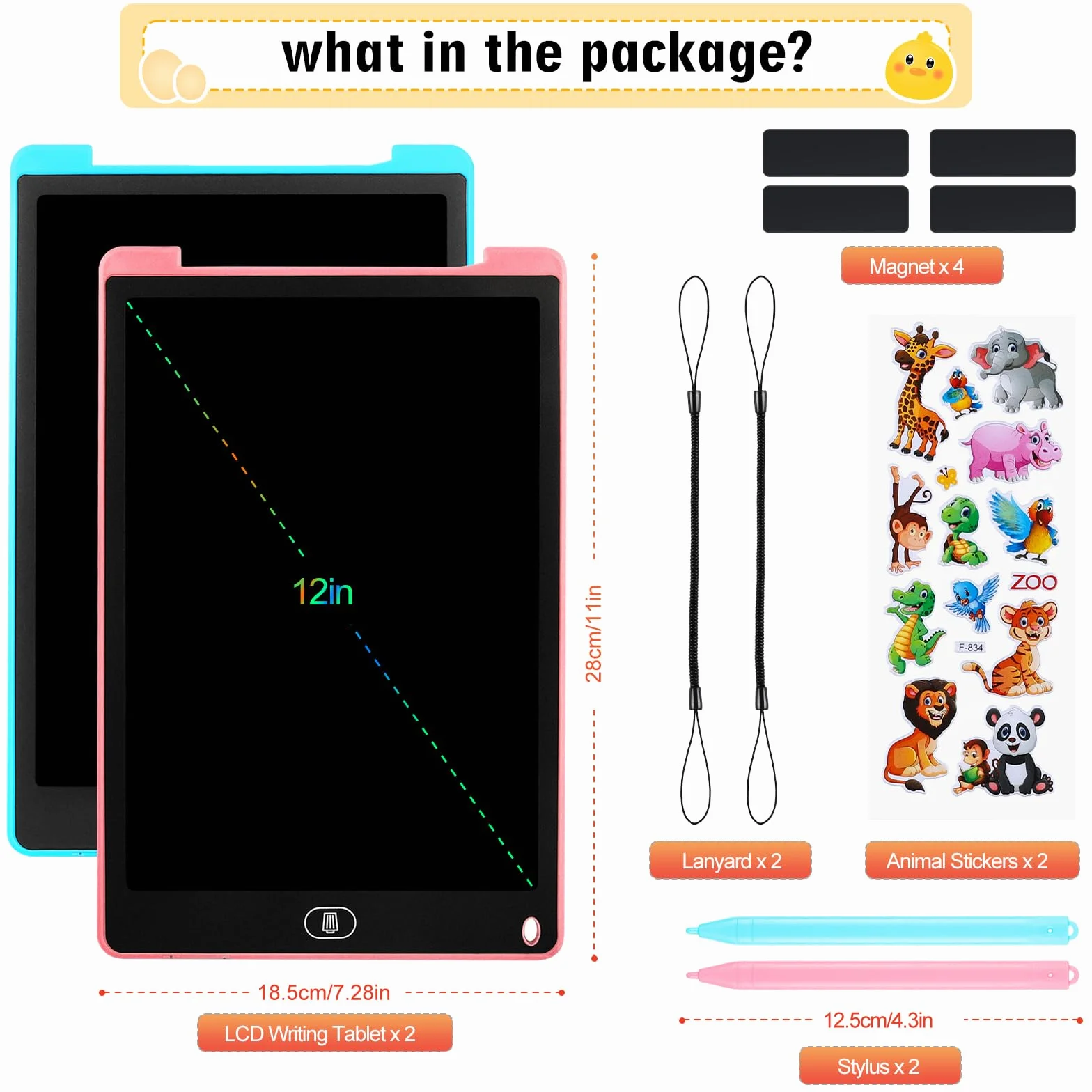 Tavoletta Grafica LCD 12 Pollici 2 Pezzi Schermo Colorato per Bambini 3-6 Anni Blu+Rosa