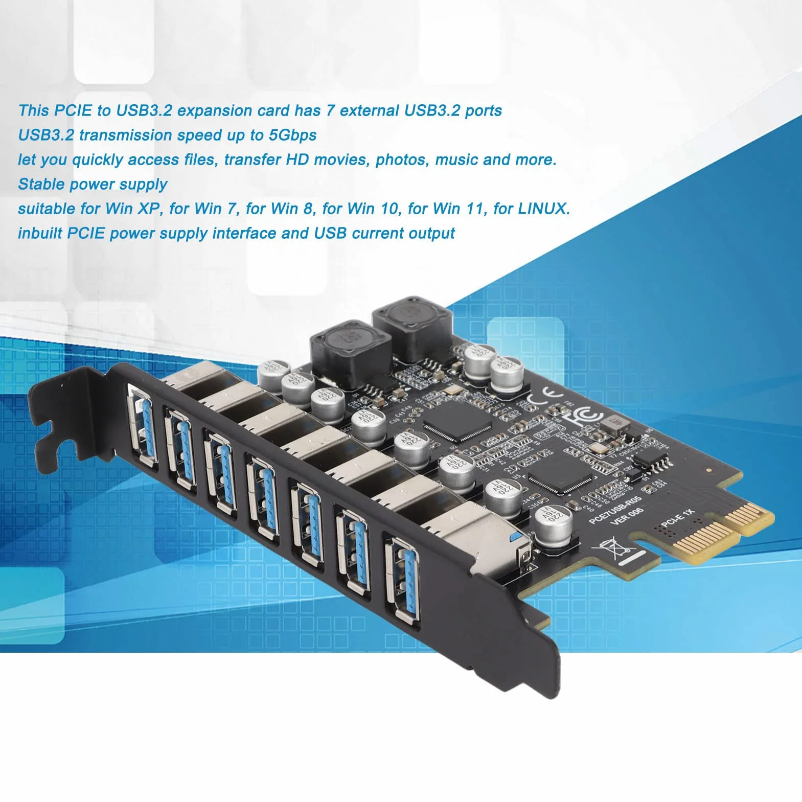 Scheda di Espansione PCIE a 7 Porte, Scheda di Espansione PCIe Ad Alta velocità da 5 Gbps a USB 3.2 per Scheda Host PC Desktop, Supporto per 11/10/8/7/XP e Linux