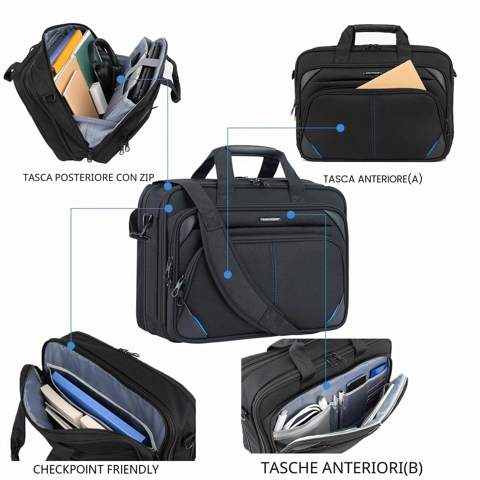 KROSER Borsa per computer portatile da 17,3 pollici, borsa a tracolla espandibile per computer portatile resistente