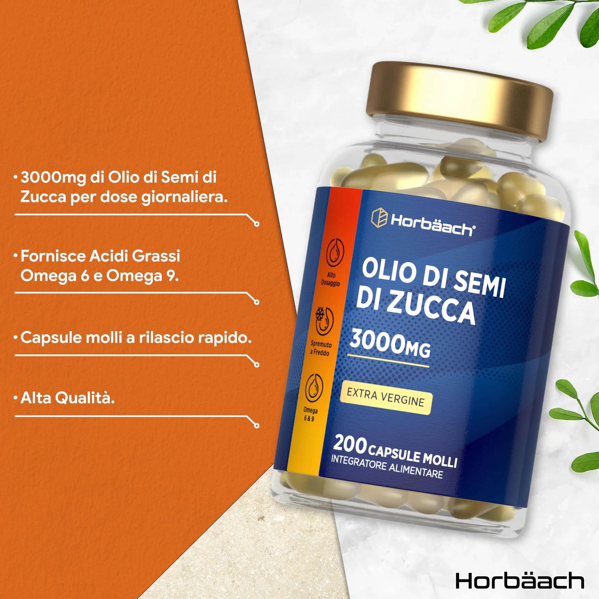 Olio di Semi di Zucca Capsule 3000 mg Horbaach Integratore 200 capsule molli