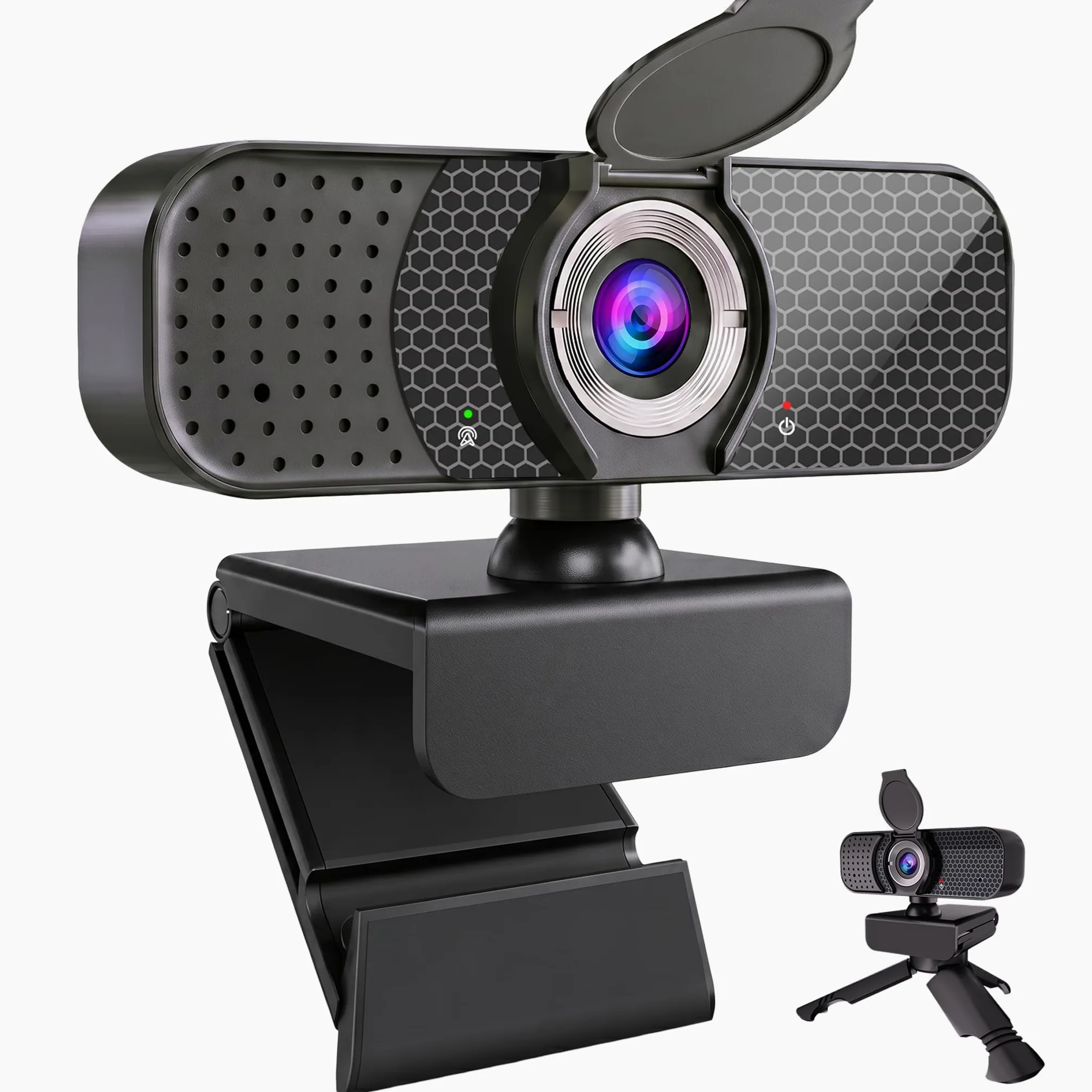 Webcam USB 1080P con doppio microfono e copertura per la privacy, autofocus plug-and-play, grandangolo, luce bassa, clip regolabile e treppiede da 1/4", per Zoom/Teams/Google Meet/OBS su