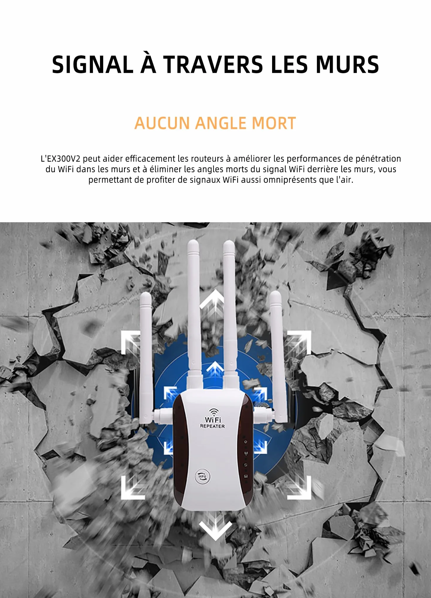 Ripetitore WiFi Potente 300Mbps (2.4 GHz) con 4 Antenne, Amplificatore di Segnale Wifi, 1 Porta LAN, Supporta Ripetitore/Router/AP - Ideale per Casa e Ufficio