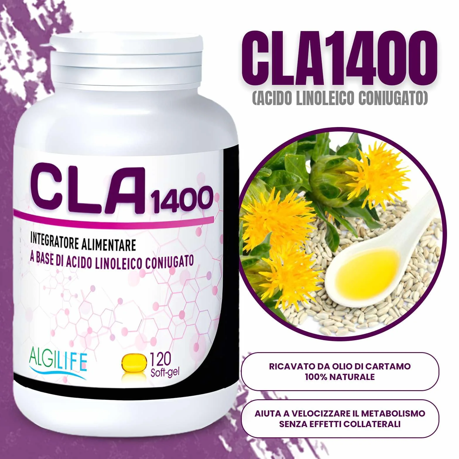 CLA Acido Linoleico Coniugato Olio di Cartamo 3200mg 120 soft-gel Alto Dosaggio