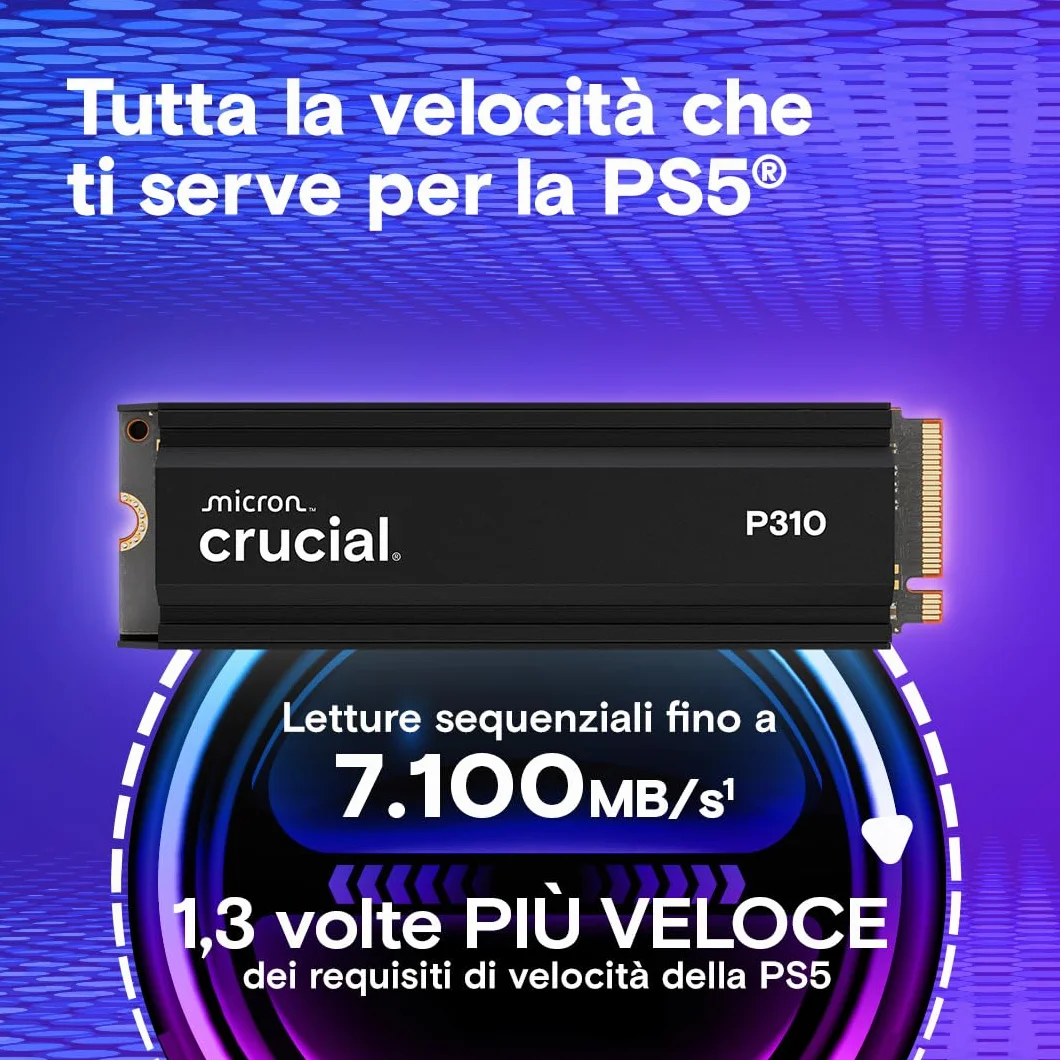 Crucial P310 PS5 SSD 2TB PCIe Gen4 NVMe M.2 con Dissipatore, fino a 7.100 MB/s, Compatibile con PlayStation 5, PC Desktop, Hard Disk Interno - CT2000P310SSD5-01