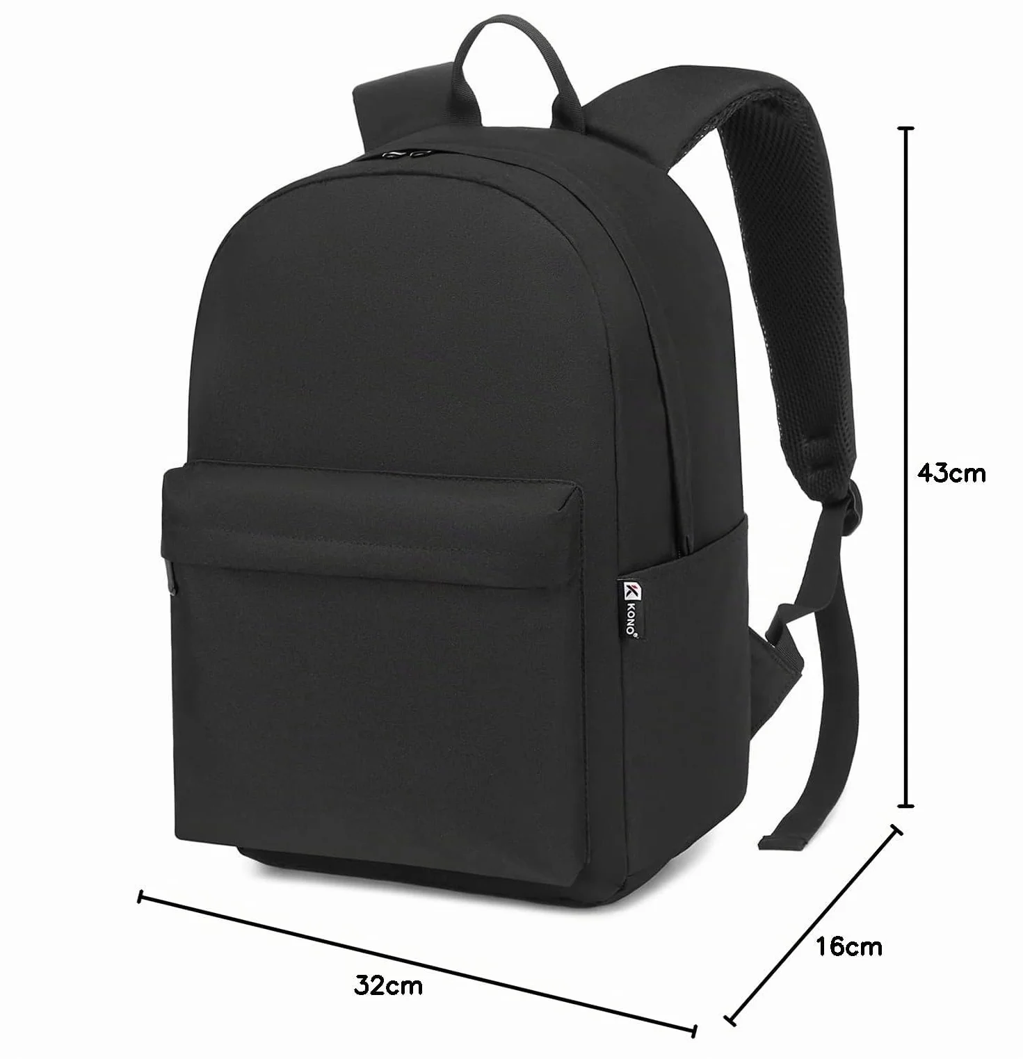KONO Zaino Scuola, Zaino Uomo Donna Porta PC 15.4 Pollici, Zaino Università Lavoro, Zaino Casual Leggero per Viaggio e Tempo Libero (Nero)