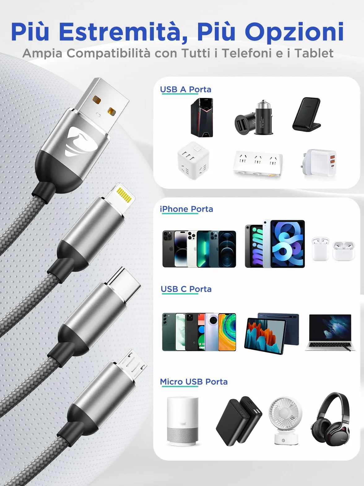 3 in 1 Multiplo Cavo USB Type-C 1.2M Ricarica Rapida Nylon Intrecciato per Samsung iPhone Huawei