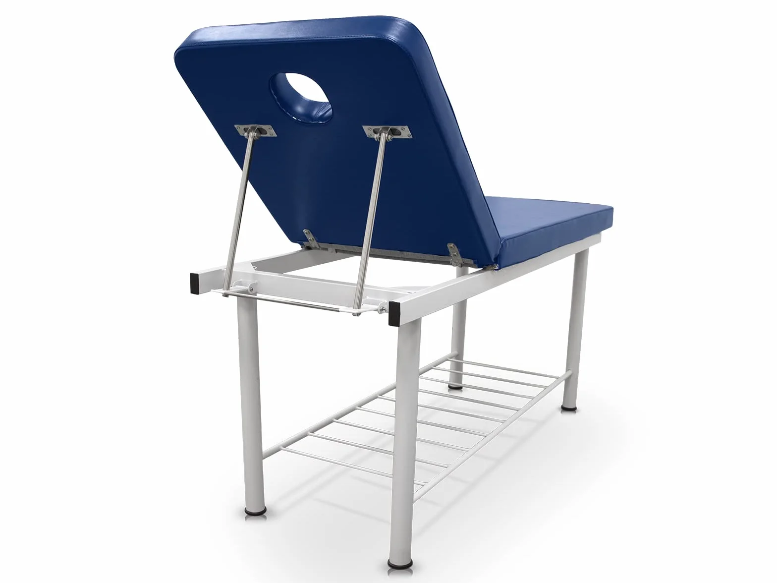 Lettino da massaggio fisso Quirumed 2 sezioni acciaio blu similpelle foro facciale cuscino portarotolo vassoio 180 kg