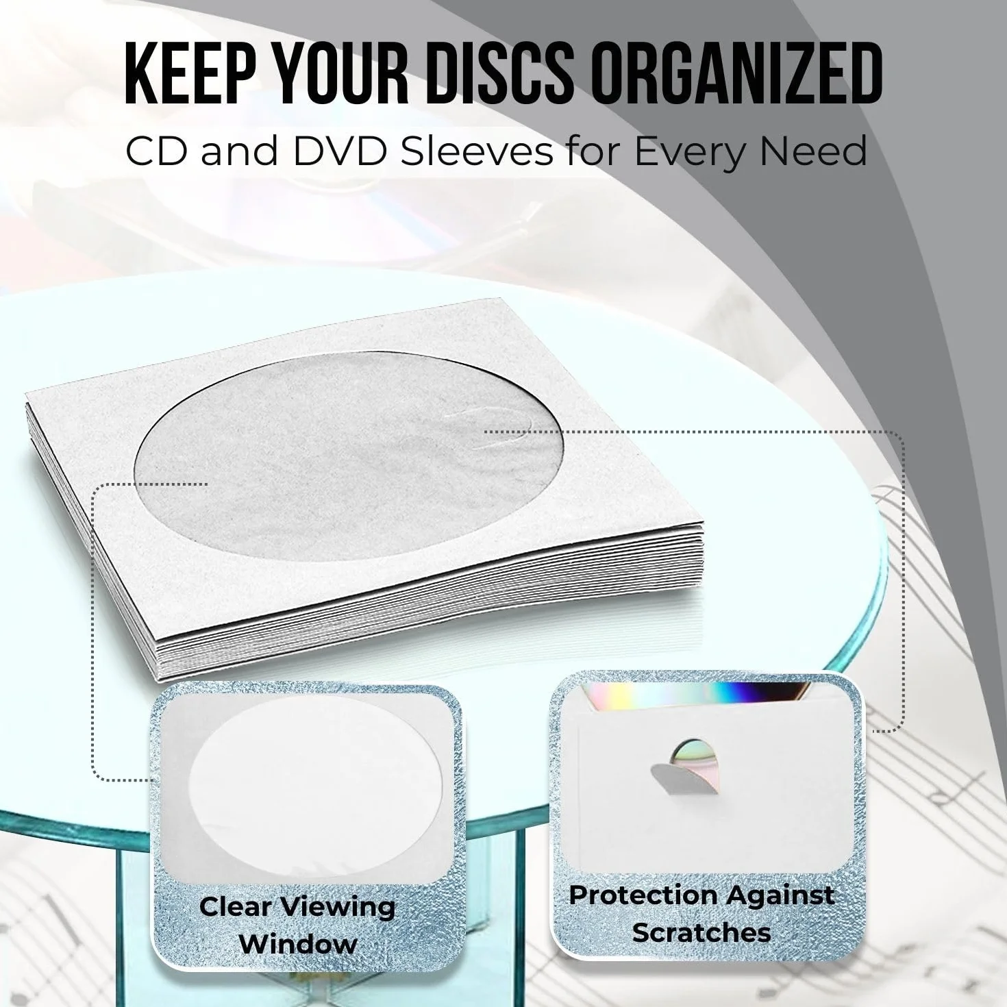 Flexzion Confezione da 100 Copertine di Carta Spessa per CD DVD (bianche) Bustine Plastica Custodie Standard a Busta Conservazione Premium con Finestra e Aletta per Dischi di Musica Film Videogiochi