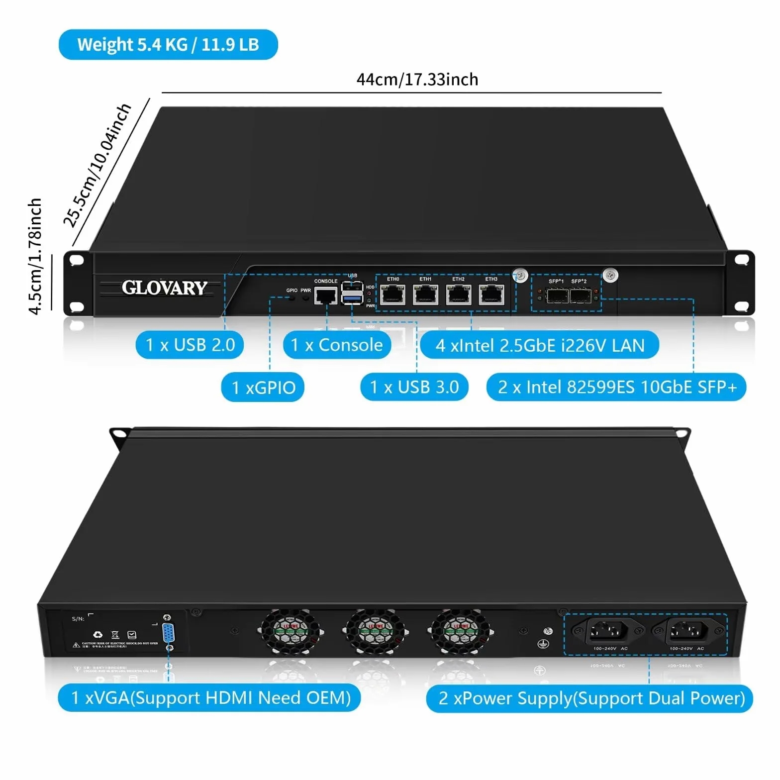 19" Firewall Rackmount N100, 2 x 82599ES 10GbE SFP+, 4 x i226V 2.5GbE LAN, 19 Pollici OPNsense Router Appliance, Barebone, 1U AES-NI Hardware, HD+VGA Dual Display, 2 x Power