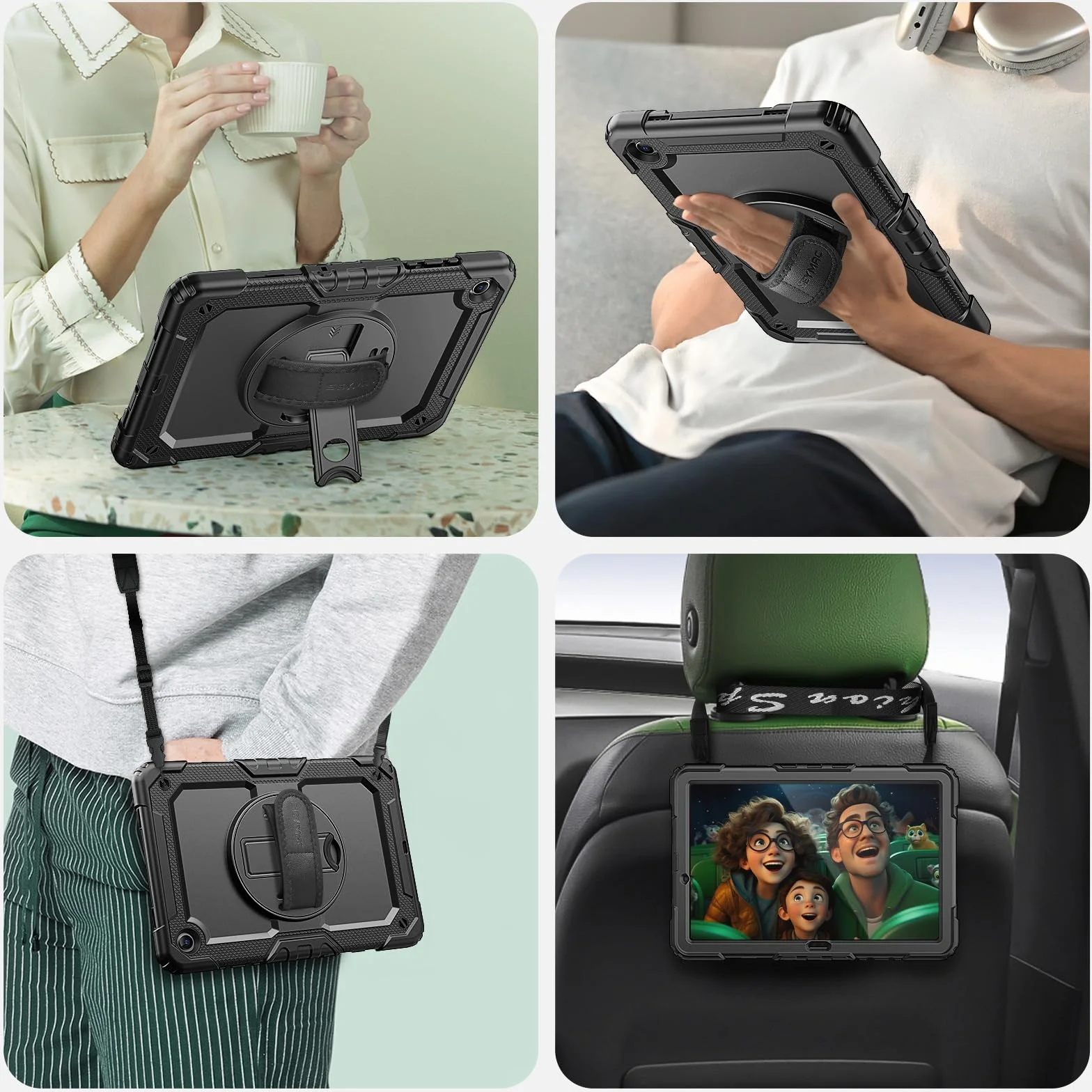 Seymac Custodia Samsung Galaxy Tab A11+ Plus 11" 2025 SM-X230/X235/X236 Antishock Protezione Schermo Supporto Girevole 360° Cinghia Mano Spalla Portastilo Nero