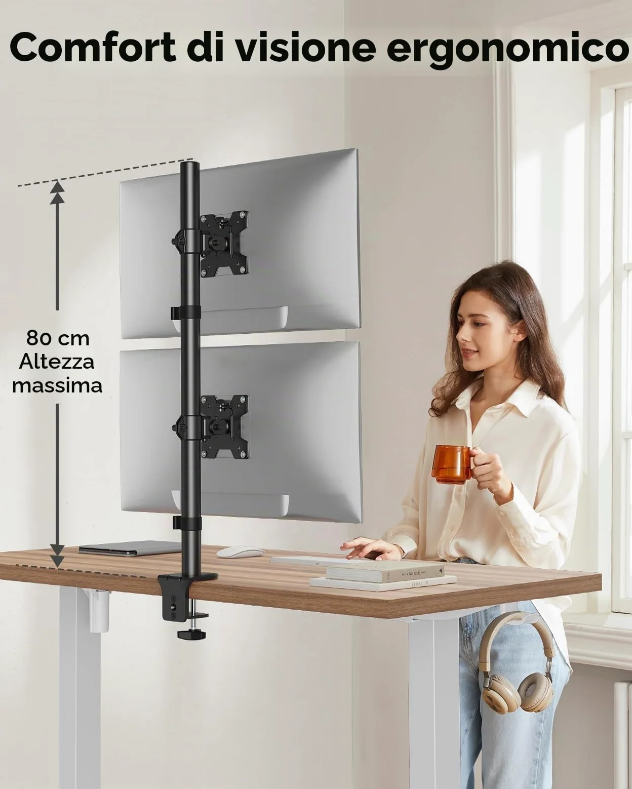 HUANUO Supporto verticale per doppio monitor, supporto per monitor impilato per 2 monitor con regolazione dell'altezza Braccio per monitor del computer supporta due da 17 a 32 pollici con morsetto a