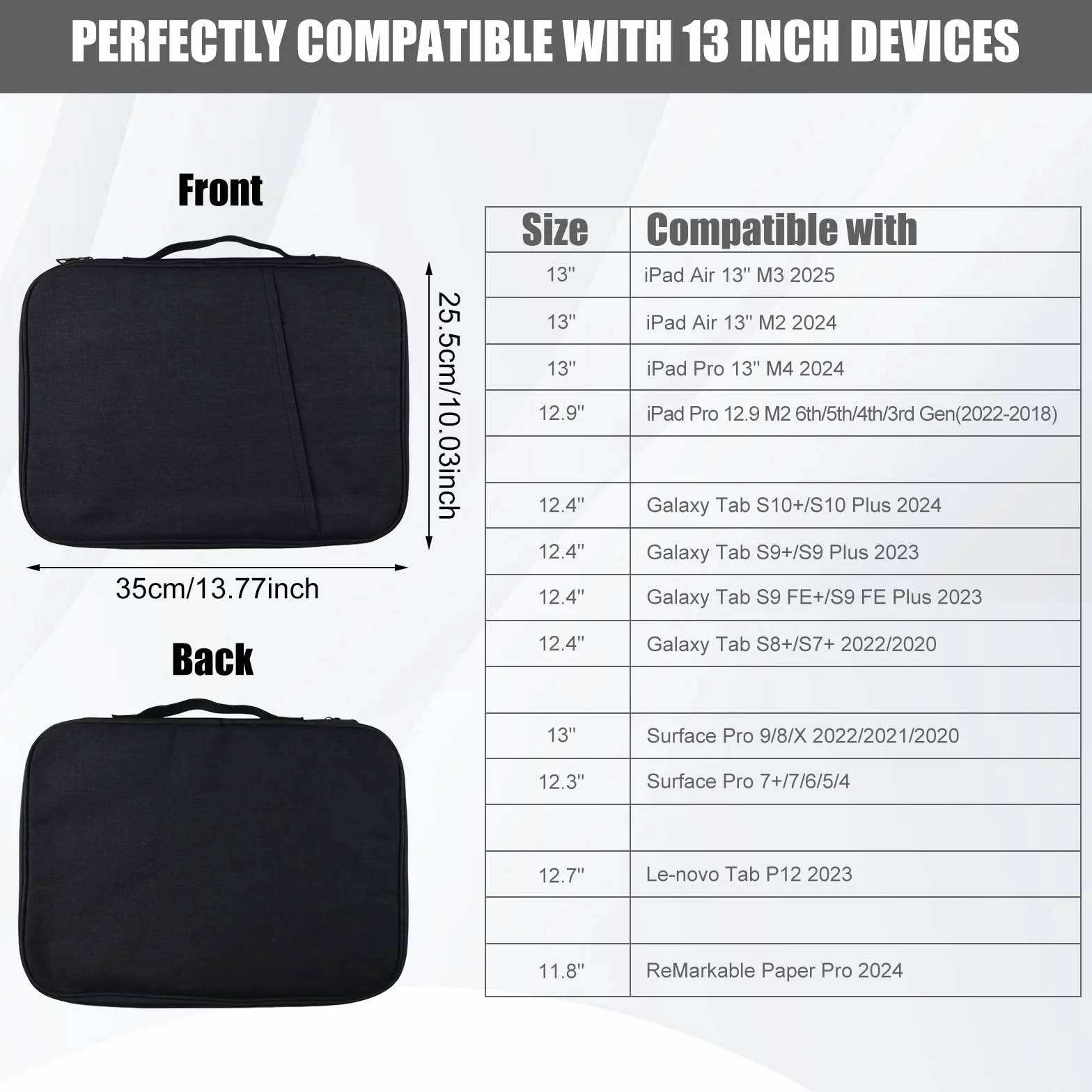 Custodia Tablet 13 Pollici con Tasche, Borsa Protettiva Compatibile iPad Pro 13" M4/Air 13" M2 2024, iPad Pro 12.9, Galaxy Tab S10+/S9 FE+, Surface Pro 12-13", Nero