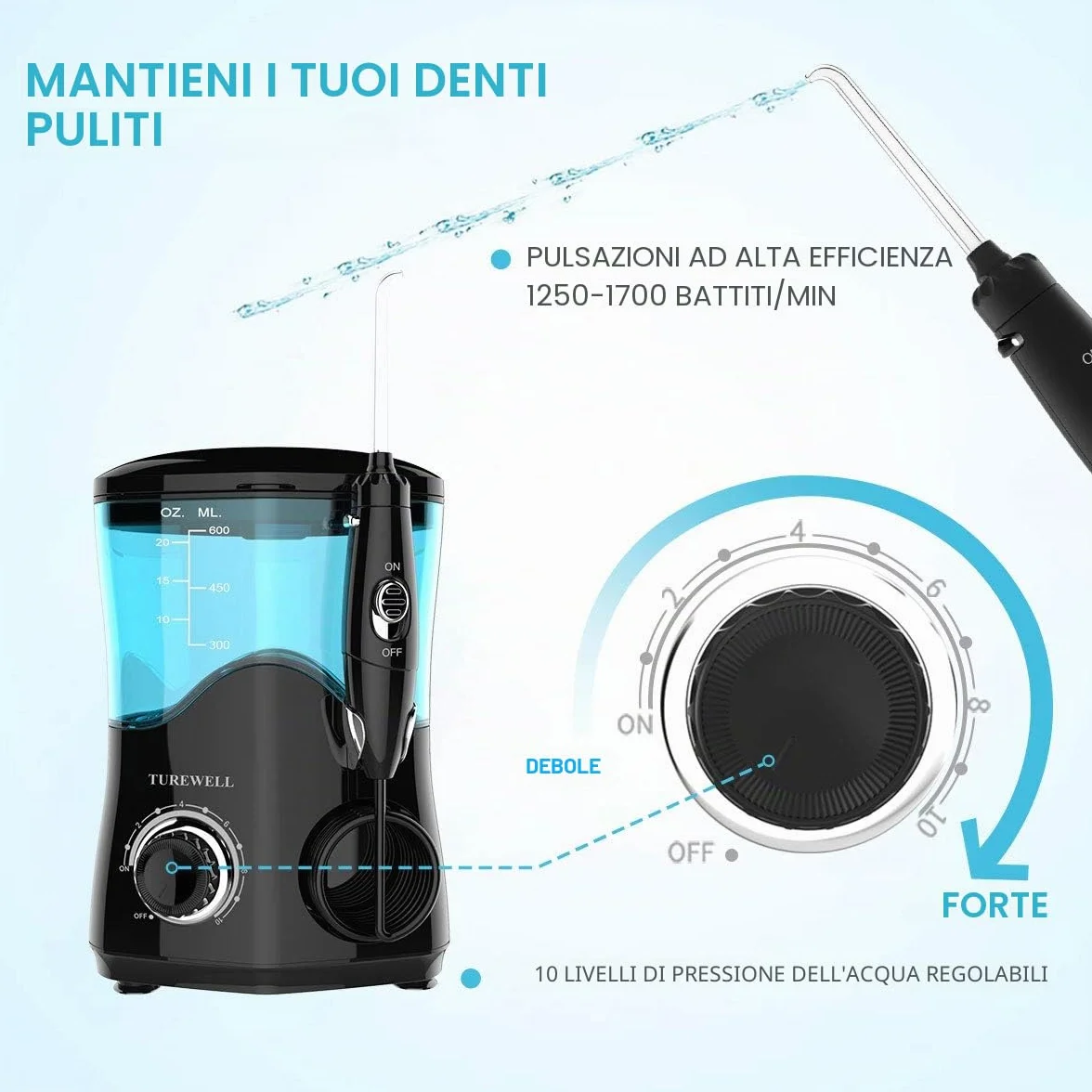 Idropulsore Dentale TUREWELL 8 Ugelli Multifunzione 10 Pressione Regolabile 600ml Nero