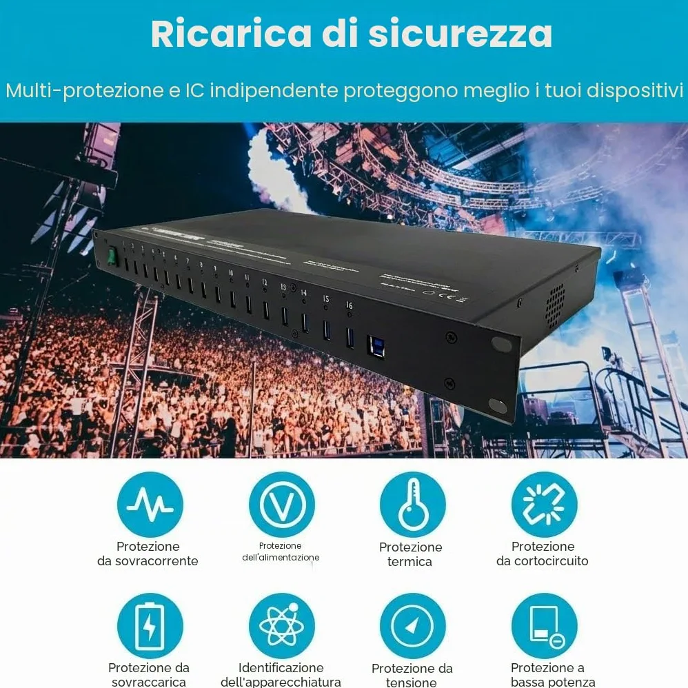 INFITRONIC - Porte USB 3.0 Hub16 USB IN19PLG002-19" con stazione di ricarica e sincronizzazione (1U Rack)