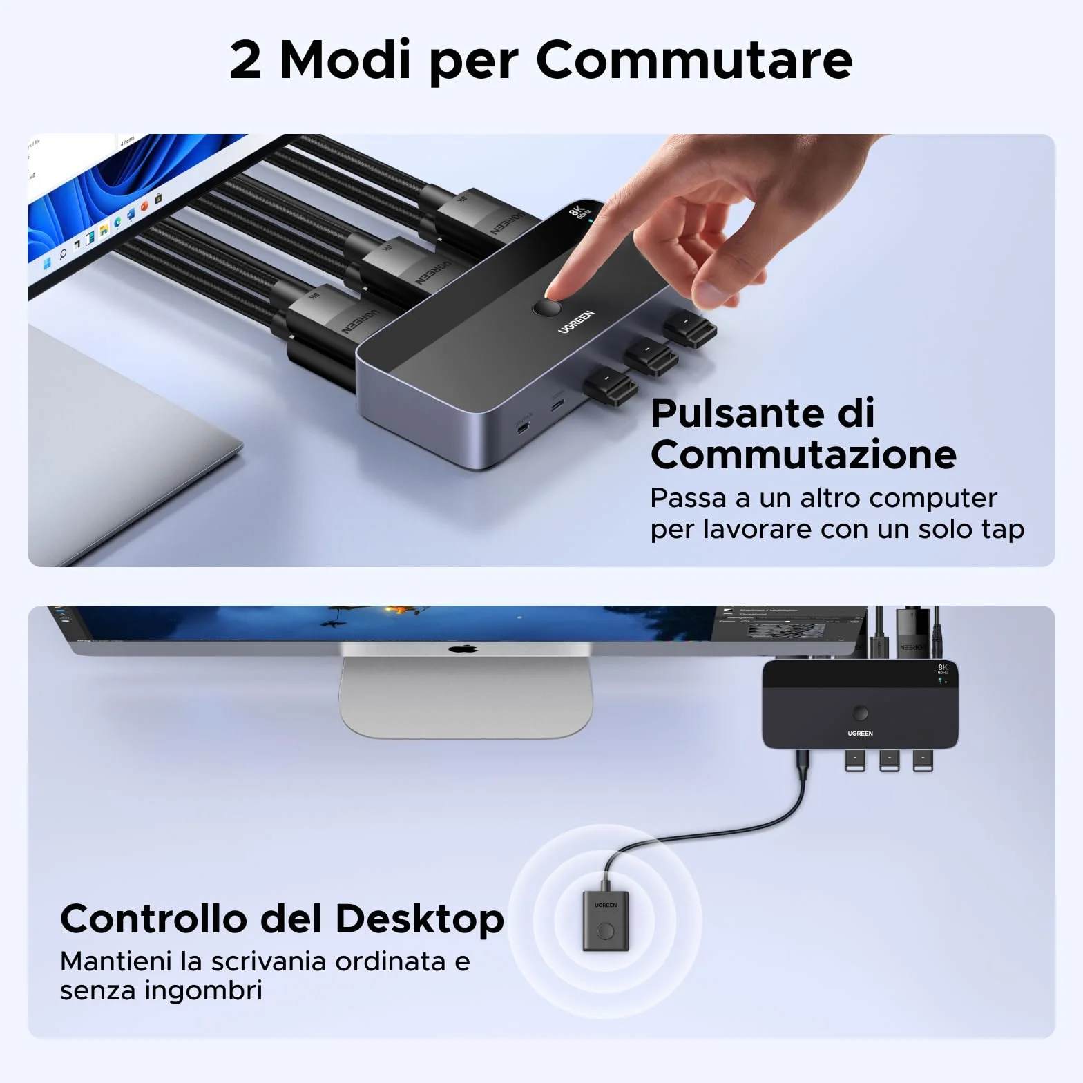 UGREEN Switch KVM DisplayPort 2 Ingressi 2 Uscite 8K 60Hz 4K 240Hz Doppio Schermo Commutatore KVM con 4 Porte USB 3A1C 5Gbps per Tastiera, Mouse, Disco Rigido, Controller da Ufficio, Cavi USB Inclusi