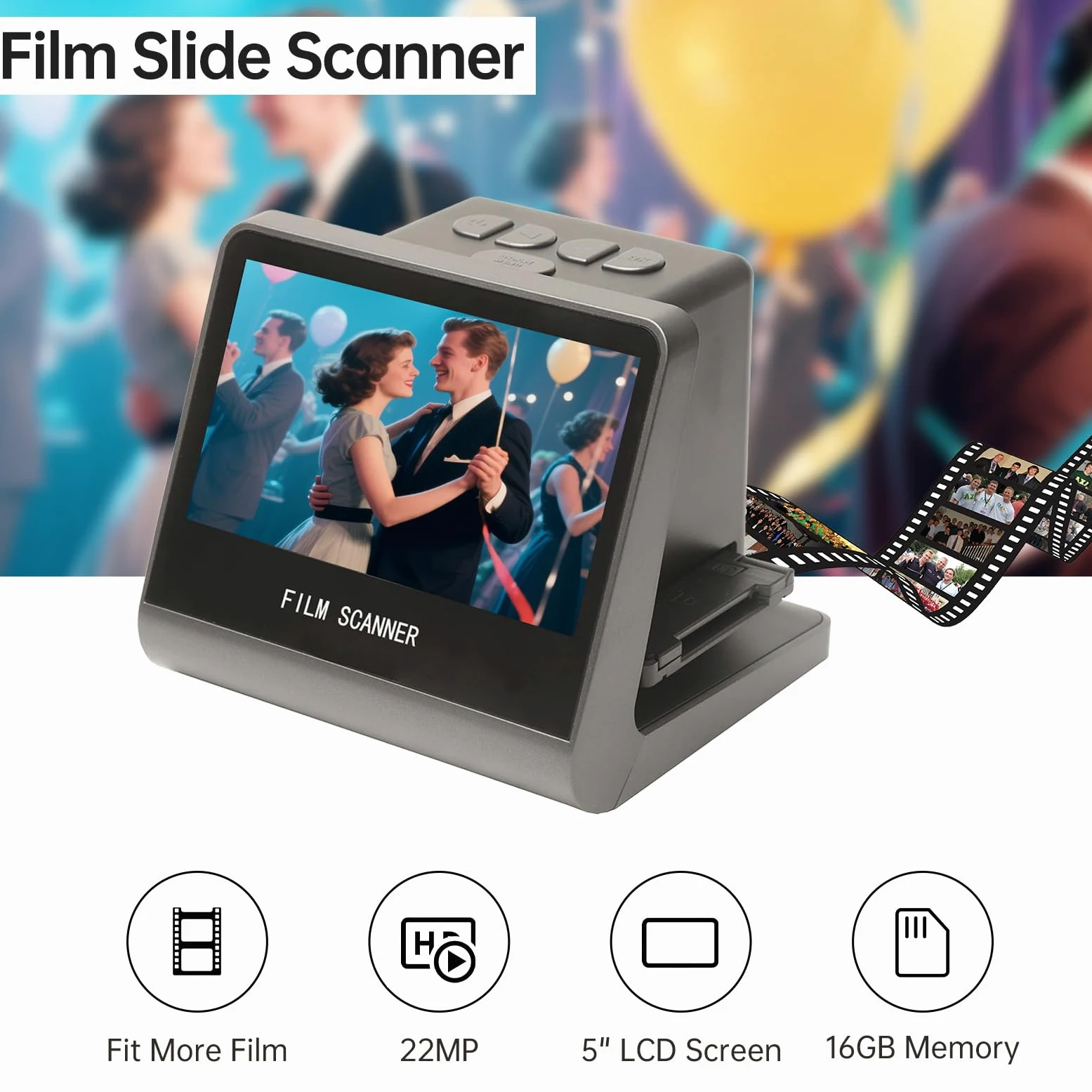Scanner per Pellicole e Diapositive, Converte 135 126 110 Pellicole e Diapositive Super8 in JPEG Digitale, con Memoria Integrata da 16 GB e Schermo LCD da 5 Pollici, per PC TV