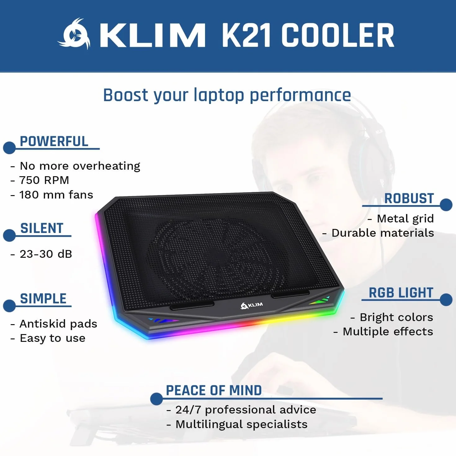 KLIM K21 Base Raffreddamento PC portatile RGB 11-17" Ventola Gaming USB Silenziosa Compatibile Mac PS4