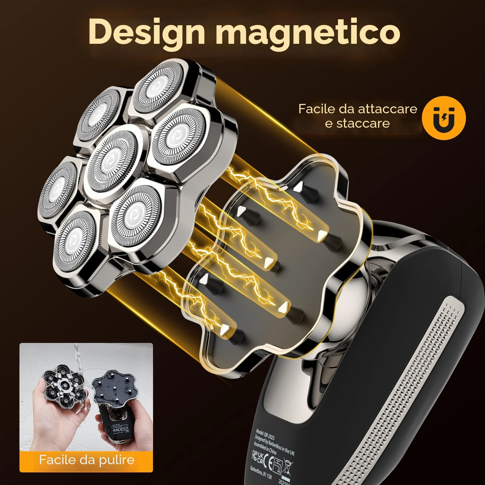 BarberBoss Rasoio testa calva 7D uomo, rasoio rotante magnetico 5 in 1 con display LED, ricarica USB-C