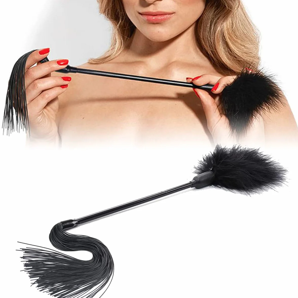Spazzola Morbida Frusta da Equitazione in Silicone Simulazione Piuma Nera Tickler Spolverino Giochi di Ruolo