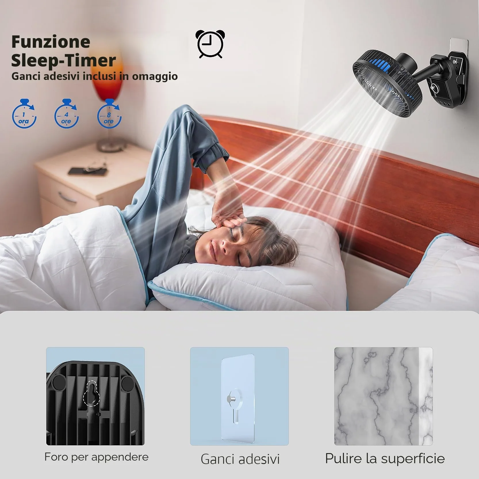 ATEngeus Ventilatore USB 4 in1, Ventilatore con clip da 8 inch, Ventilatore batteria da 10000 mAh, 5 velocità, Rotazione multi-angolo, Funzione Cronometraggio, con clip e gancio, per casa, ufficio