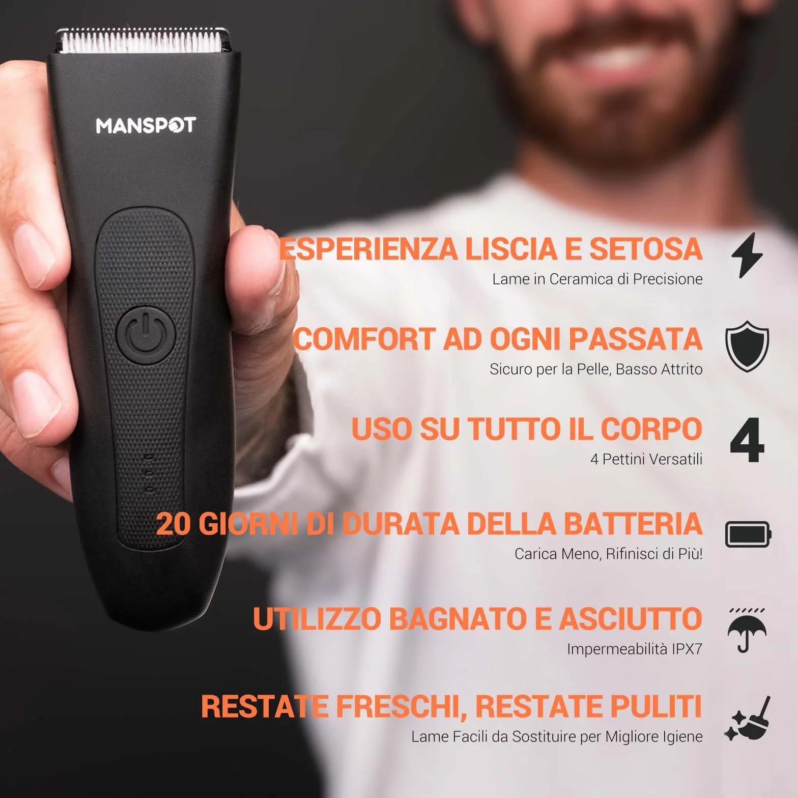MANSPOT Rasoio Elettrico Corpo Uomo Impermeabile IPX8, Depilatore Corpo Uomo Umido e Asciutto