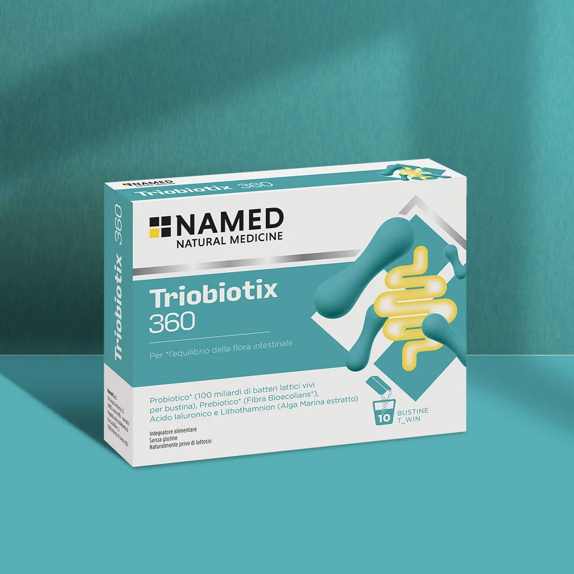 NAMED Triobiotix 360 Integratore Alimentare Probiotico Prebiotico Acido Ialuronico Lithothamnion Calcio Fermenti Lattici Adulti Flora Intestinale 10 Bustine