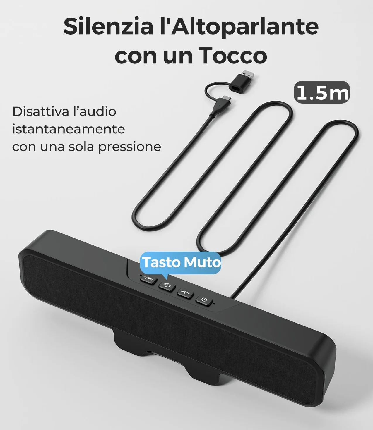 Sound Bar Stereo per Computer Desktop, Bassi Profondi, Type-C & USB-A