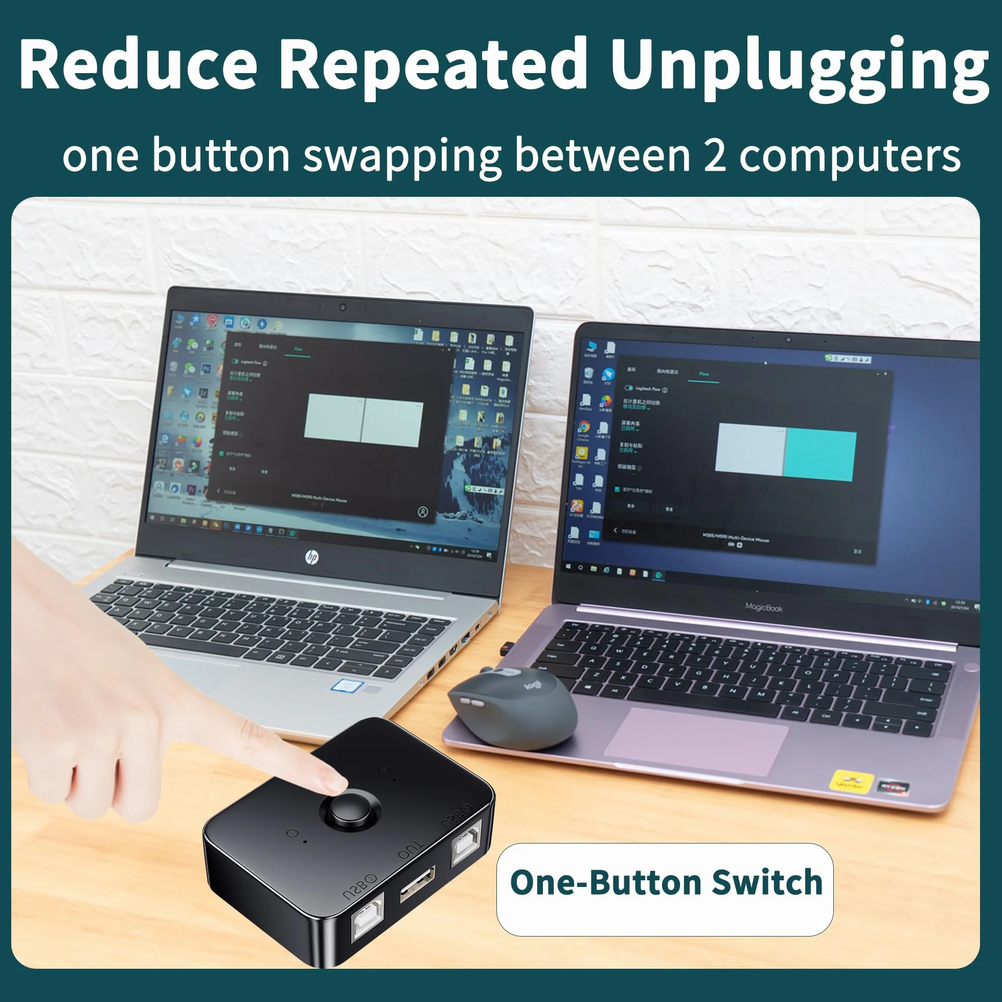 USB 2.0 Sharing Switch, selettore stampante USB B 2 in 1, interruttore USB 2 computer che condividono con Luce LED, per stampante, scanner, tastiera, Include 3 cavi USB 2.0 da 1,5M