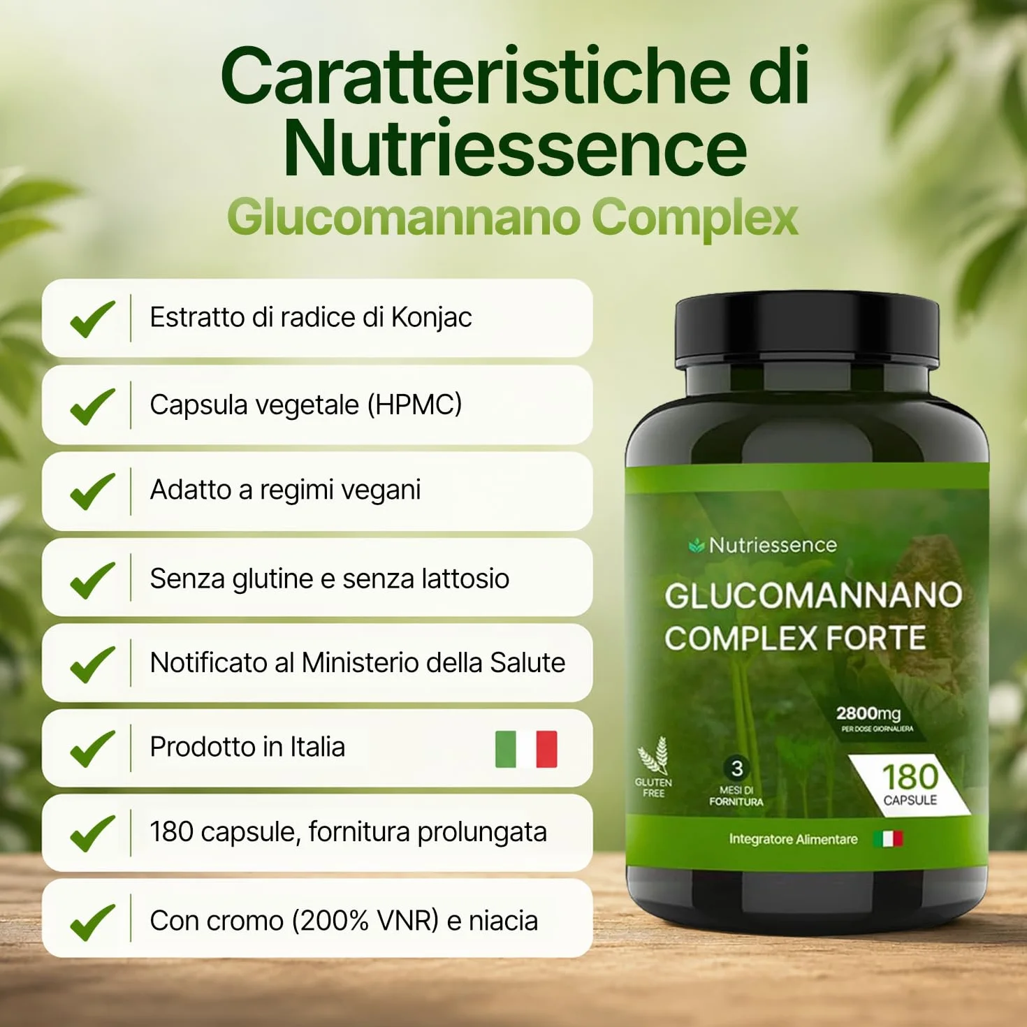 Nutriessence Glucomannano Complex 2800 mg 180 Capsule Vegetali Alto Contenuto di Cromo Niacina Inulina FOS Senza Glutine Senza Lattosio Made in Italy