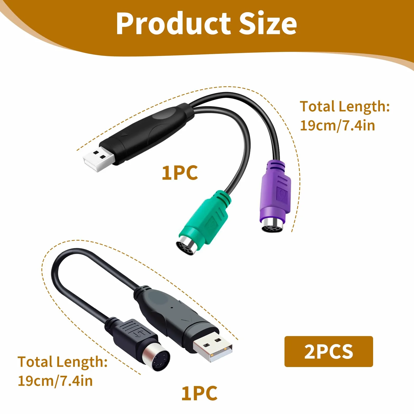 2 Pezzi Adattatore PS2/USB, Convertitore PS2 Uno/Doppio Cavo, Convertitore USB a 2 porte PS/2 per Tastiera e Mouse, Compatibile con PC, laptop, Supporta Dispositivi PS/2 Standard Senza Driver