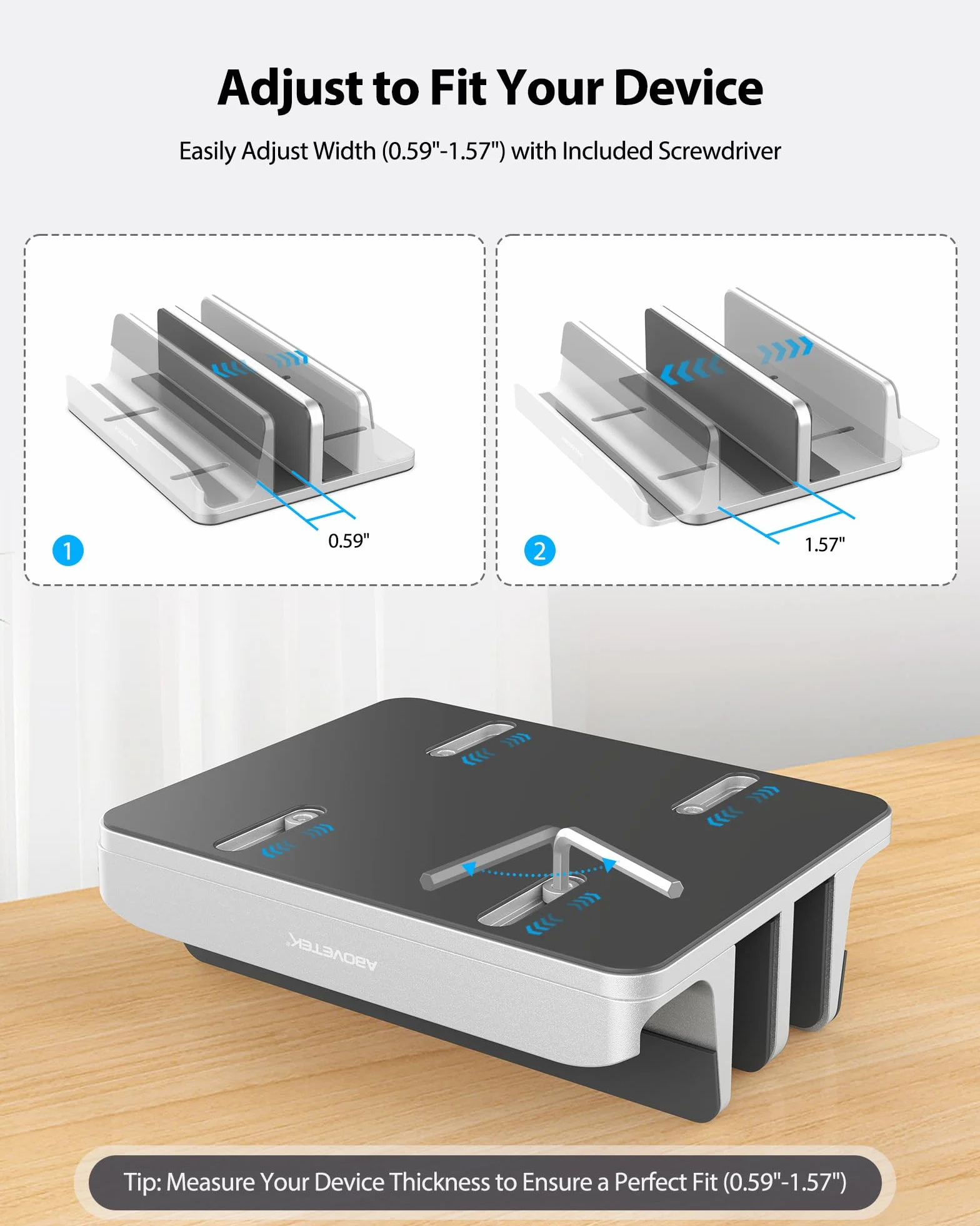AboveTEK Supporto Laptop Verticale fino a 17,3 ", Porta per Laptop/Tablet/Cellulare 3 in 1 in Alluminio, Impugnature in Silicone Antiscivolo a 3 Slot per MacBook/Notebook/iPad/Telefono (Argento)