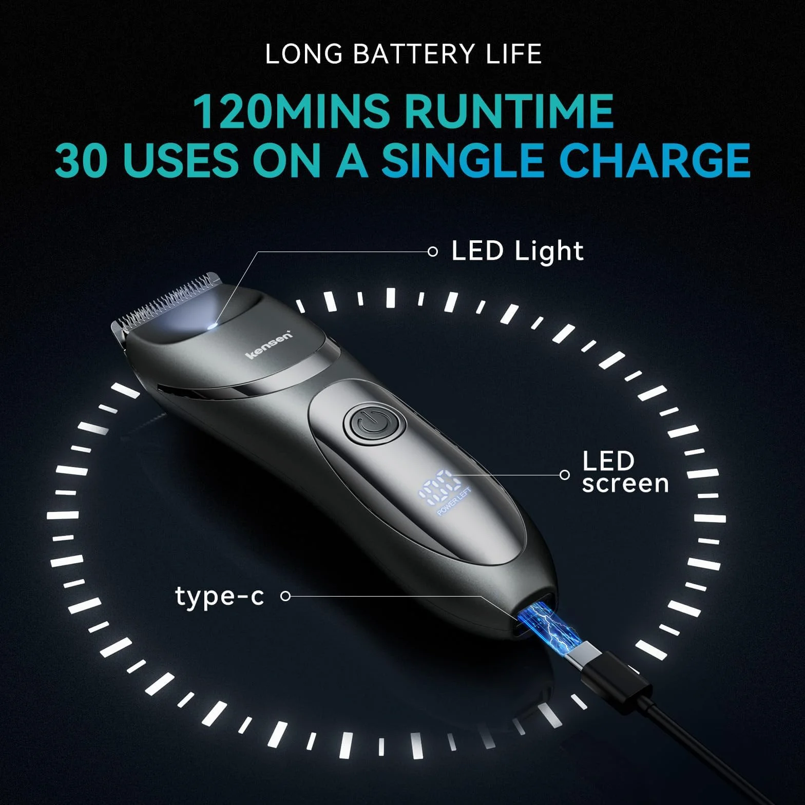 kensen Rasoio Elettrico Corpo Uomo IPX7 Impermeabile Wet & Dry con Pettine 3/6mm e Luce LED