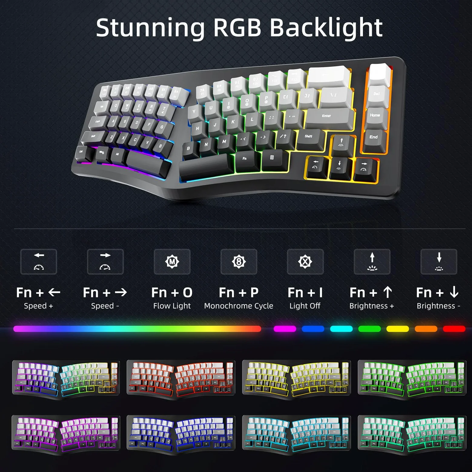 Cuifati Tastiera Ergonomica con Retro RGB, Tastiera da Gioco Cablata USB a 7 Colori, Tastiera da Gioco Meccanica a 69 Tasti per PC, Wins, OS X, Angolo di 166° a Forma di V