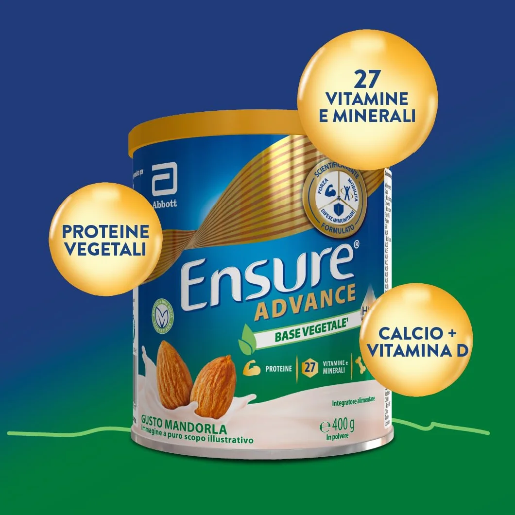 Integratore in polvere Proteine Vegetali 27 Vitamine Minerali Calcio HMB 400g Gusto Mandorla