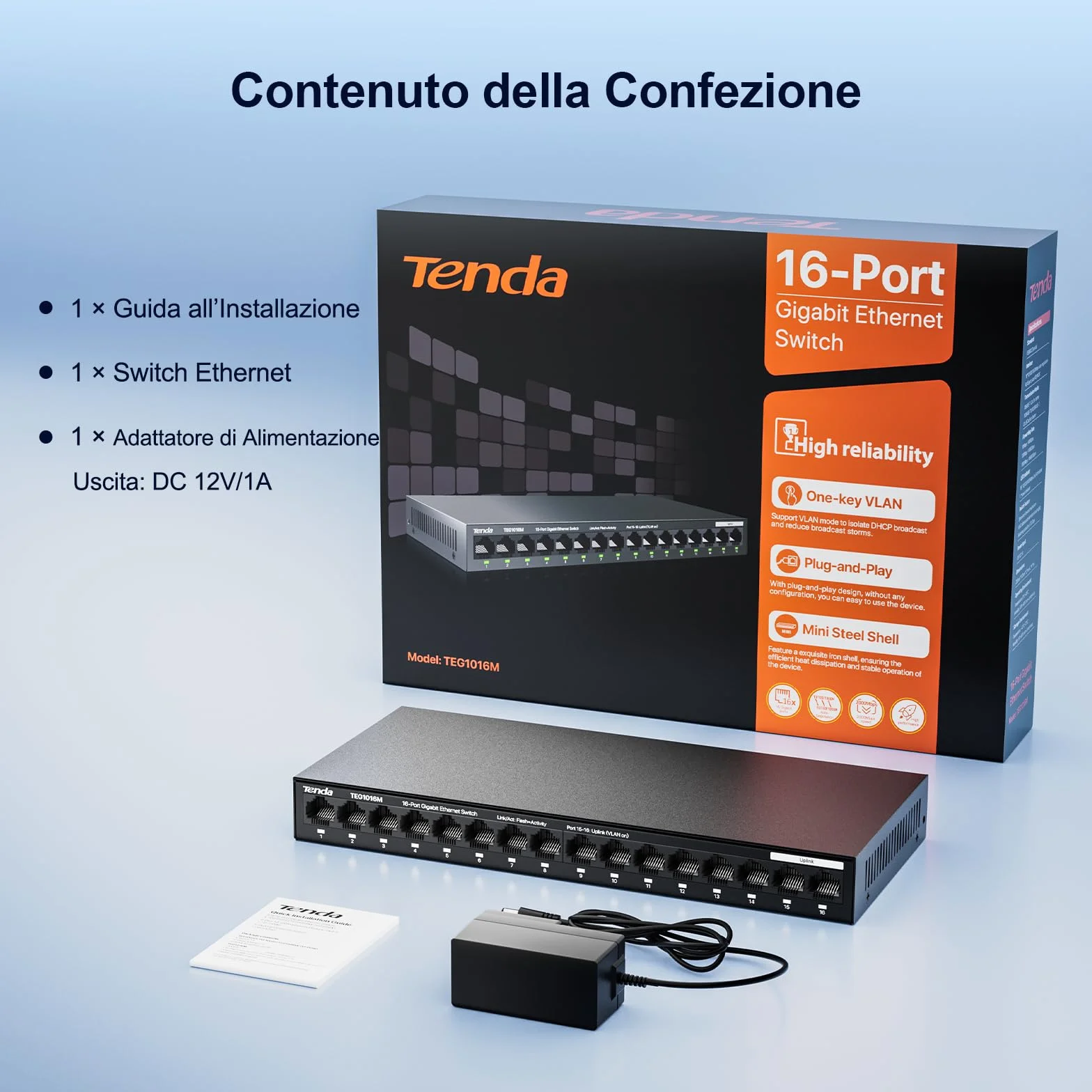 Tenda Switch Ethernet 16 Porte Gigabit, Switch Gigabit 10/100/1000 Mbps, Switch Rete Montaggio Desktop o a Parete, Unmanaged, Plug & Play, VLAN a Una Chiave, Struttura in Acciaio(TEG1016M)