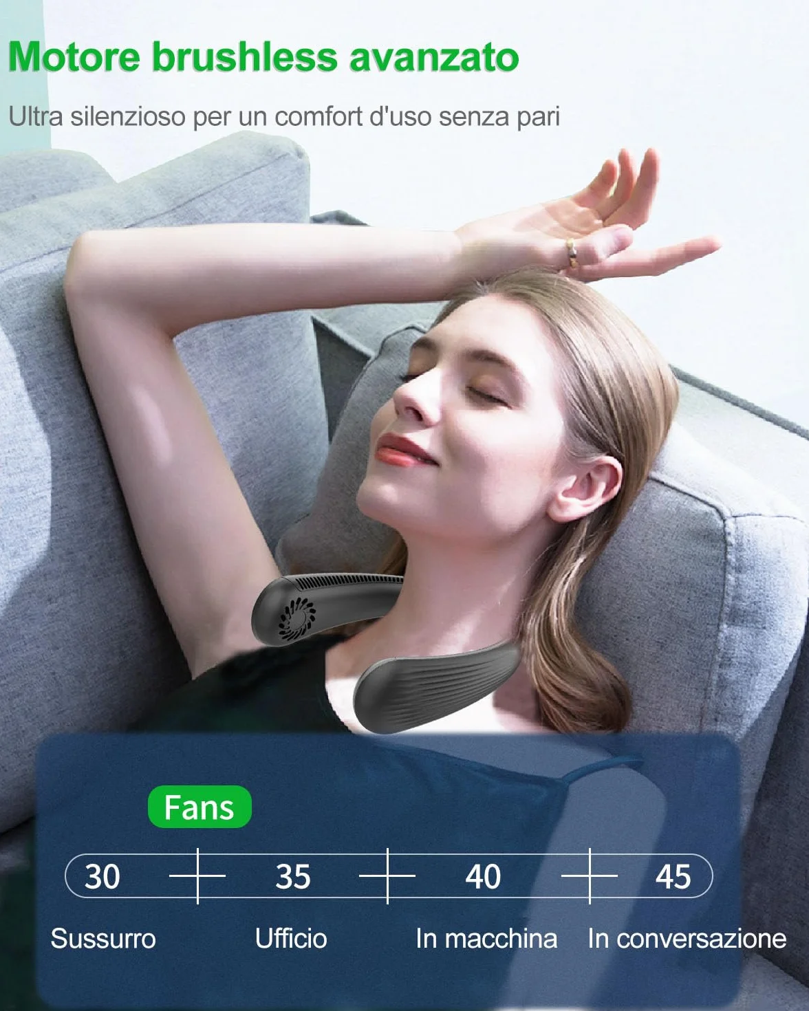 Kouric Ventilatore da Collo Portatile, Cuffie Ventilatore Silenzioso Senza Pale con 3 Velocità USB Ricaricabile, Peso 220g, Design Ergonomico e Confortevole per Ufficio e Studio Concentrazione Totale