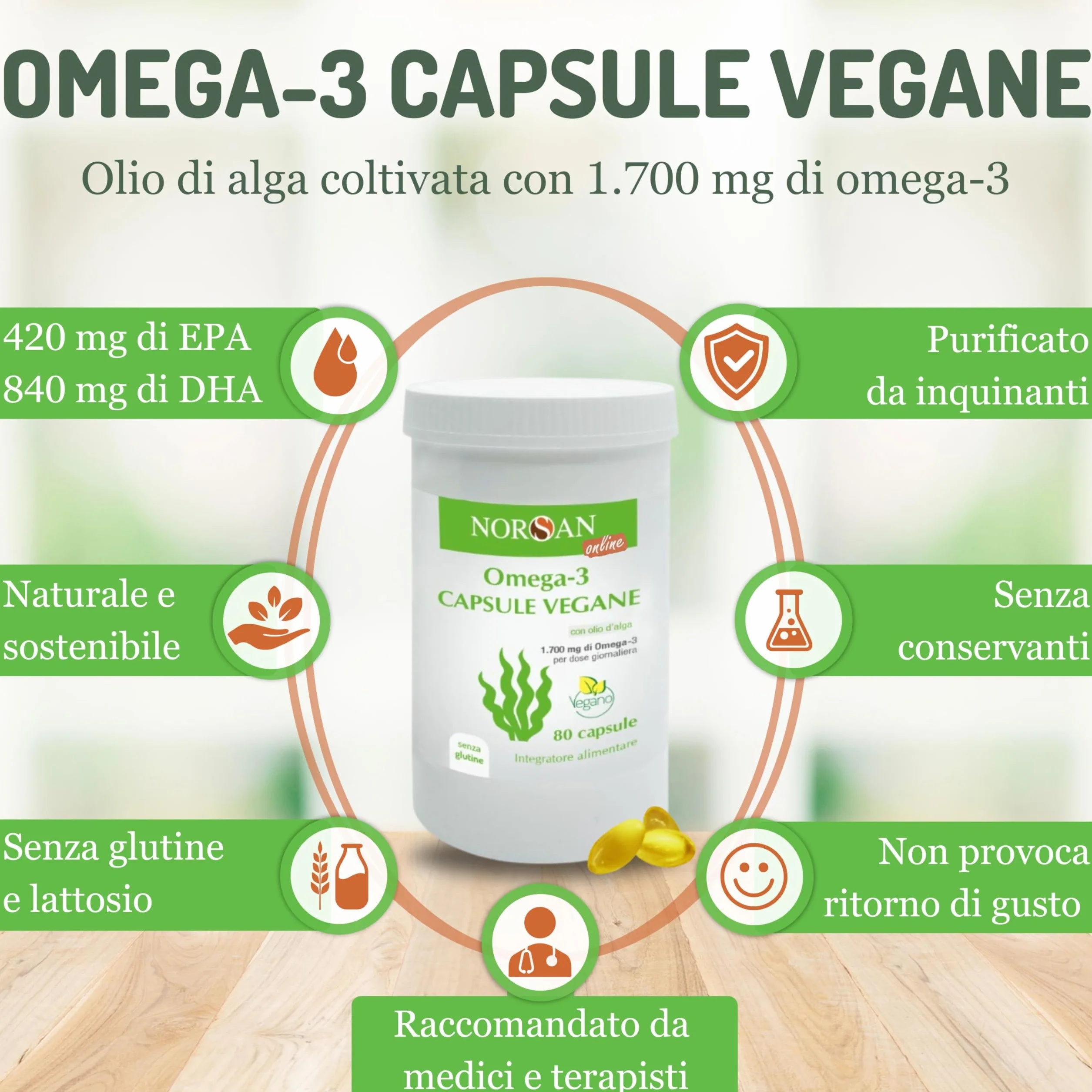 NORSAN Omega 3 Vegan Capsule 80 pezzi 1700 mg EPA DHA vegetale senza reflusso