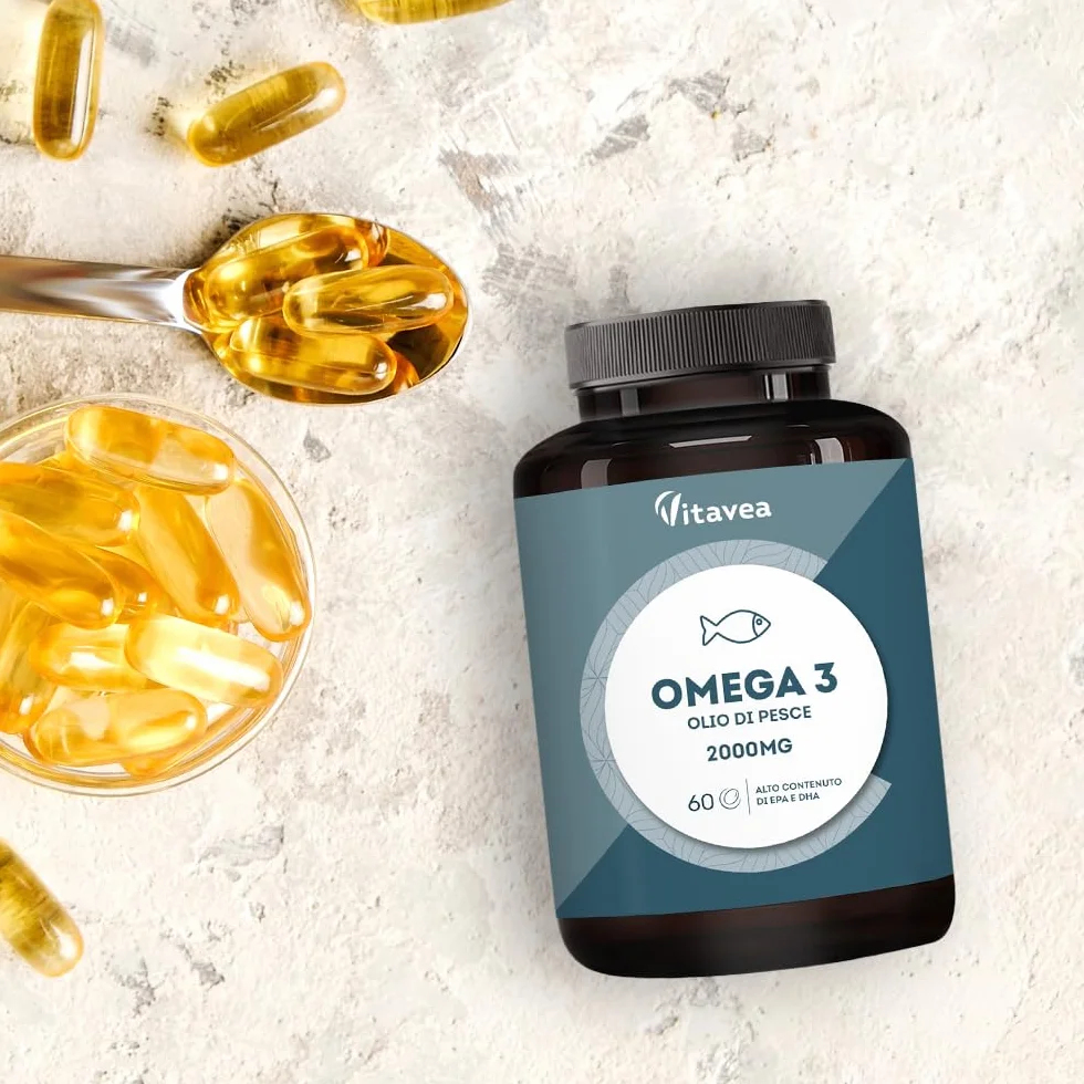 Omega 3 Olio di Pesce 2000 mg EPA 500 mg DHA Alto Dosaggio 60 Capsule Softgel Integratore Acidi Grassi Essenziali