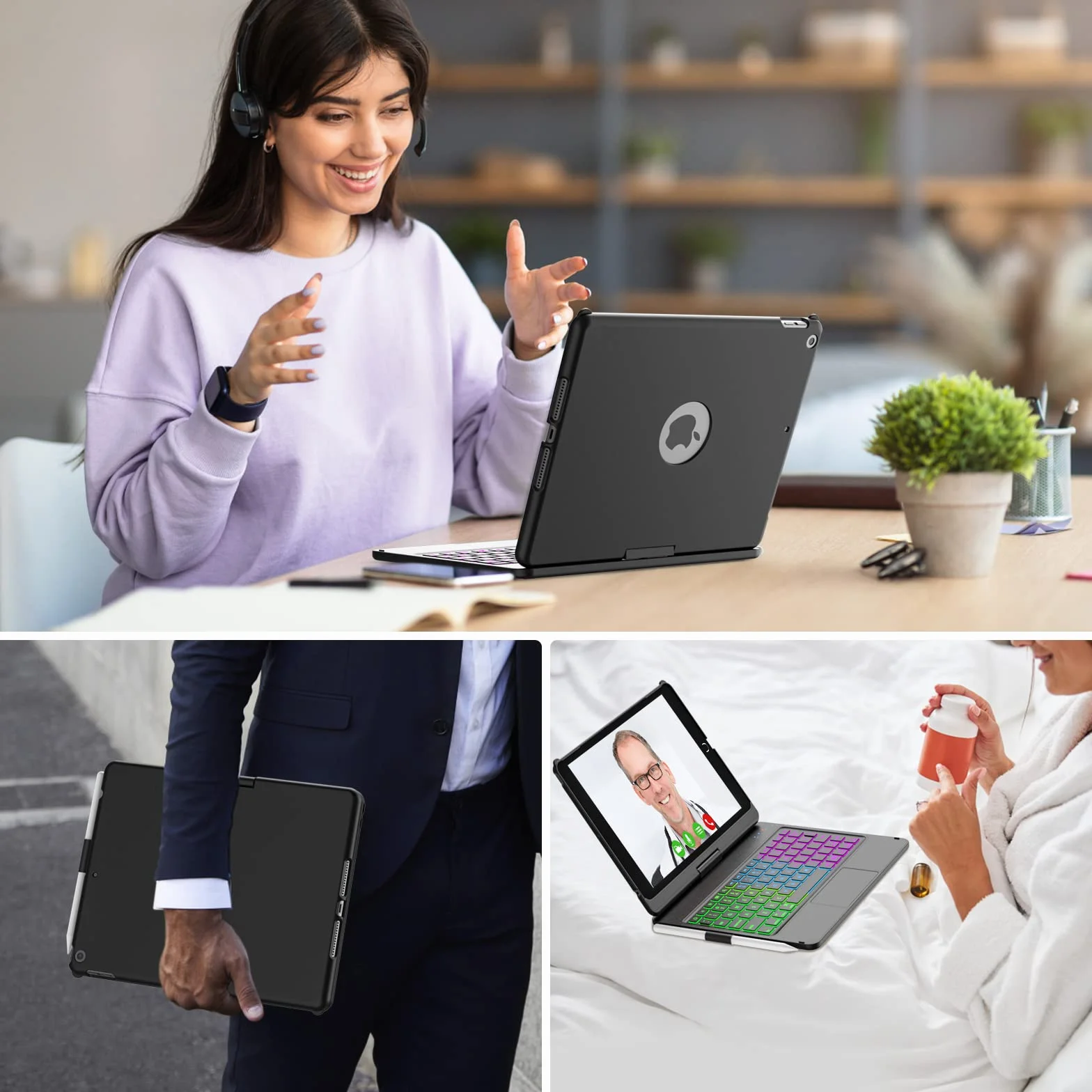 SZO Tastiera per iPad 9 Generazione 10.2 Custodia, Cover per iPad 9a/8a/7a Generazione, 360°Touchpad Flip Cover Rigida Custodia, Tastiera Bluetooth Wireless 7 Retroilluminazione, Auto Sleep/Wake, Nero
