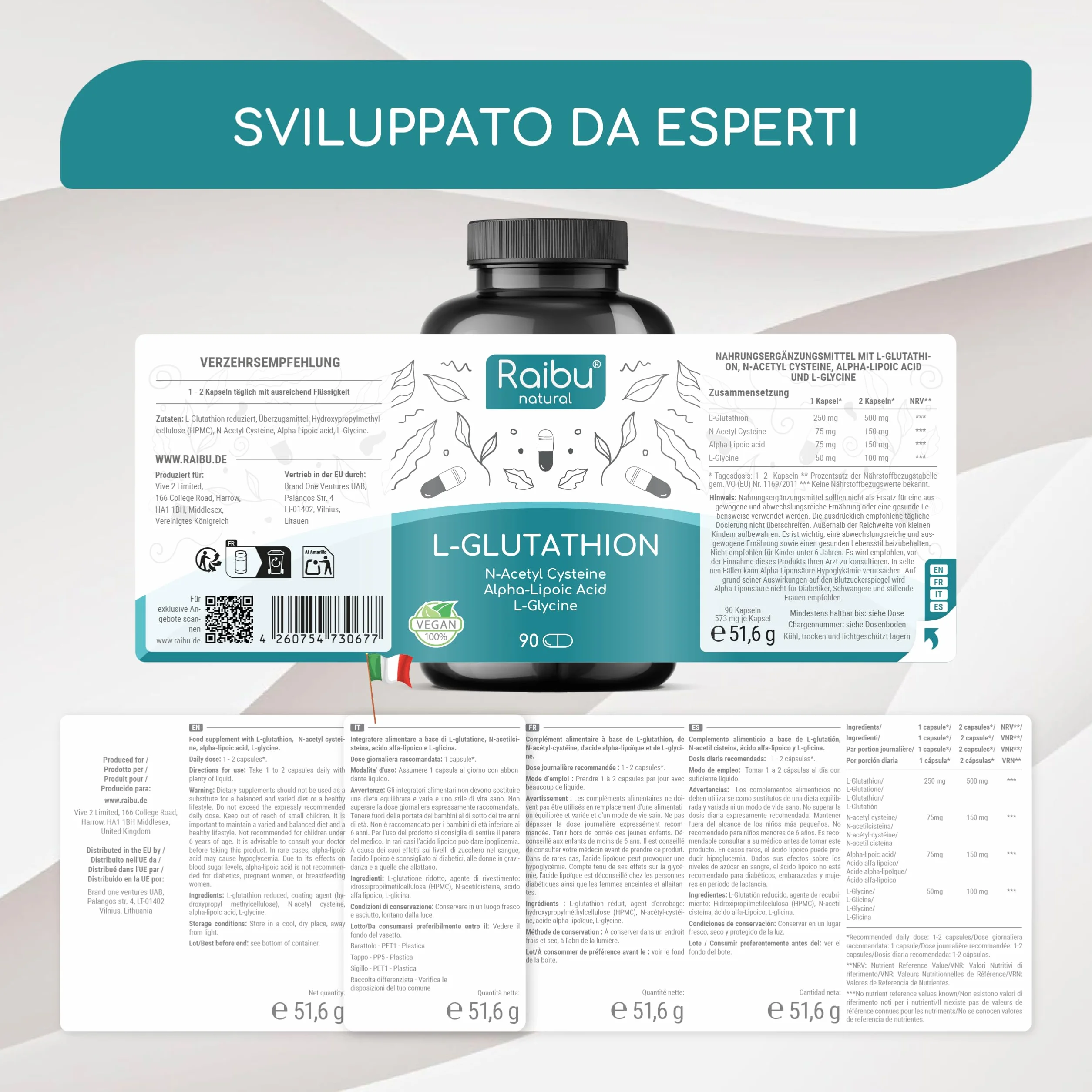 Glutatione Forte Ridotto L-Glutatione con NAC Acido Alfa-Lipoico L-Glicina Antiossidante Bioattivo 250 mg per Capsula 90 Capsule Vegane