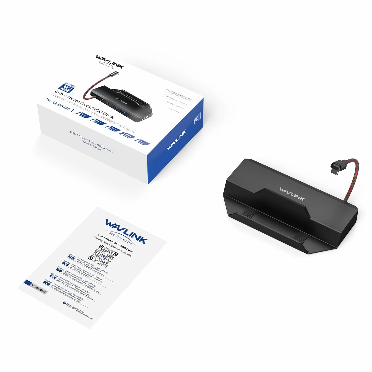WAVLINK Steam Deck Dock, 6-IN-1 Docking Station per Steam Deck/ROG Ally con 4K@144Hz HDMI 2.1, 100W PD IN, 3x 10G USB 3.2, Gigabit RJ45