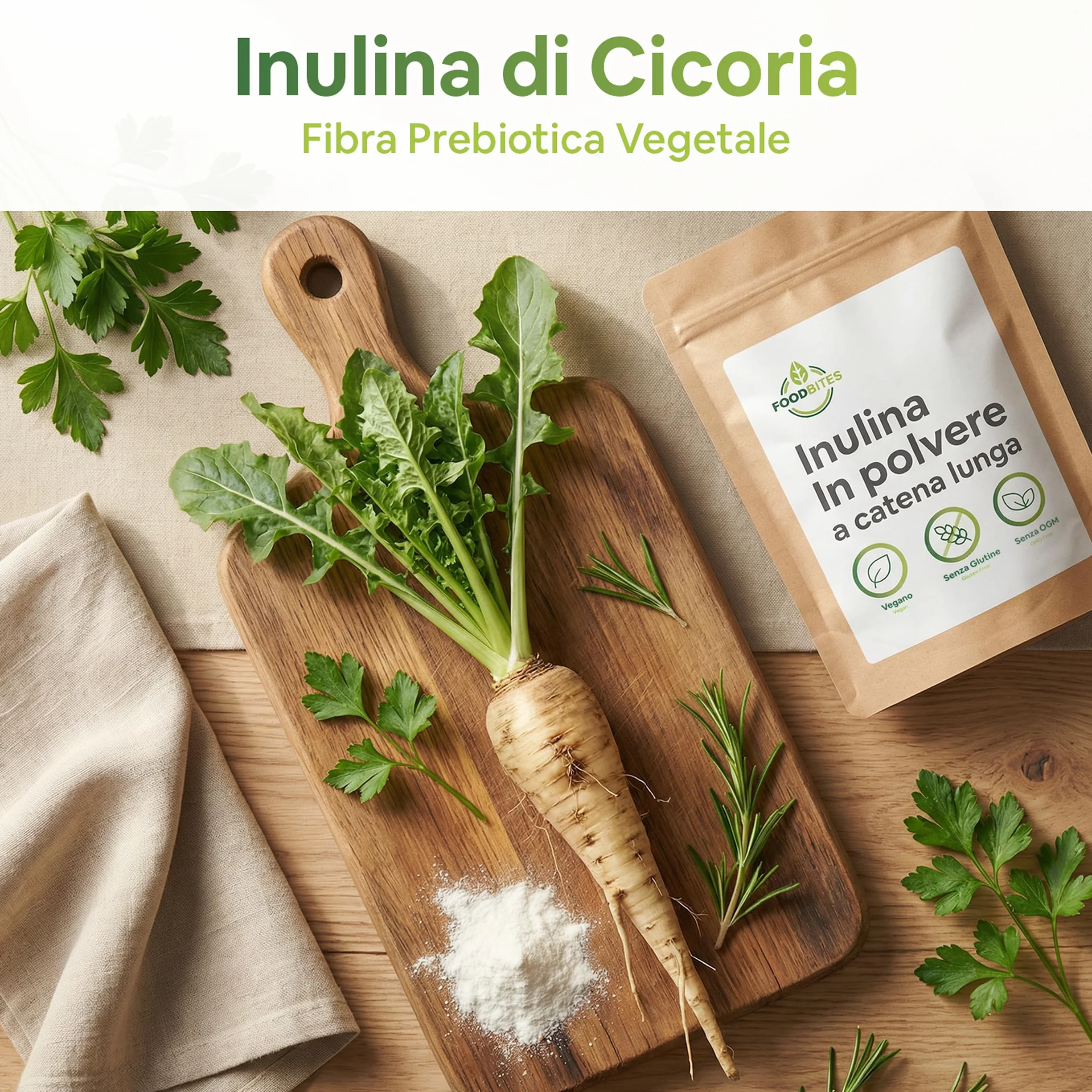 Inulina a Catena Lunga 1 Kg - Inulina di Cicoria in Polvere 100% Pura - Fibra Prebiotica Naturale, Vegana, Senza Glutine