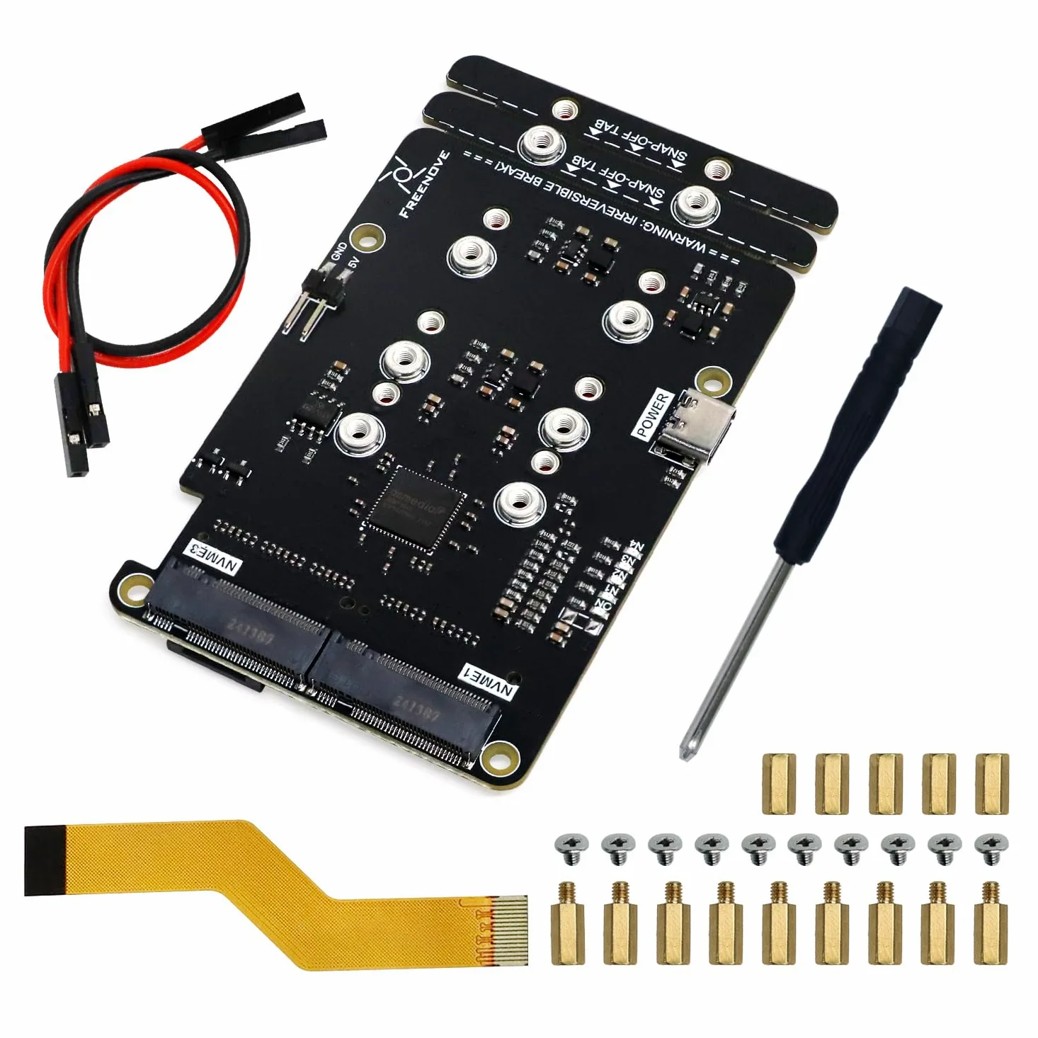 Freenove Quad M.2 NVMe SSD HAT for Raspberry Pi 5, M.2 Adapter AI HAT 4 Slots NAS RAID Kit, Solid State Drive Size 2230 2242 2260 2280, PCIe 2.0 Max Speed 500 MB/s, Detailed Tutorial