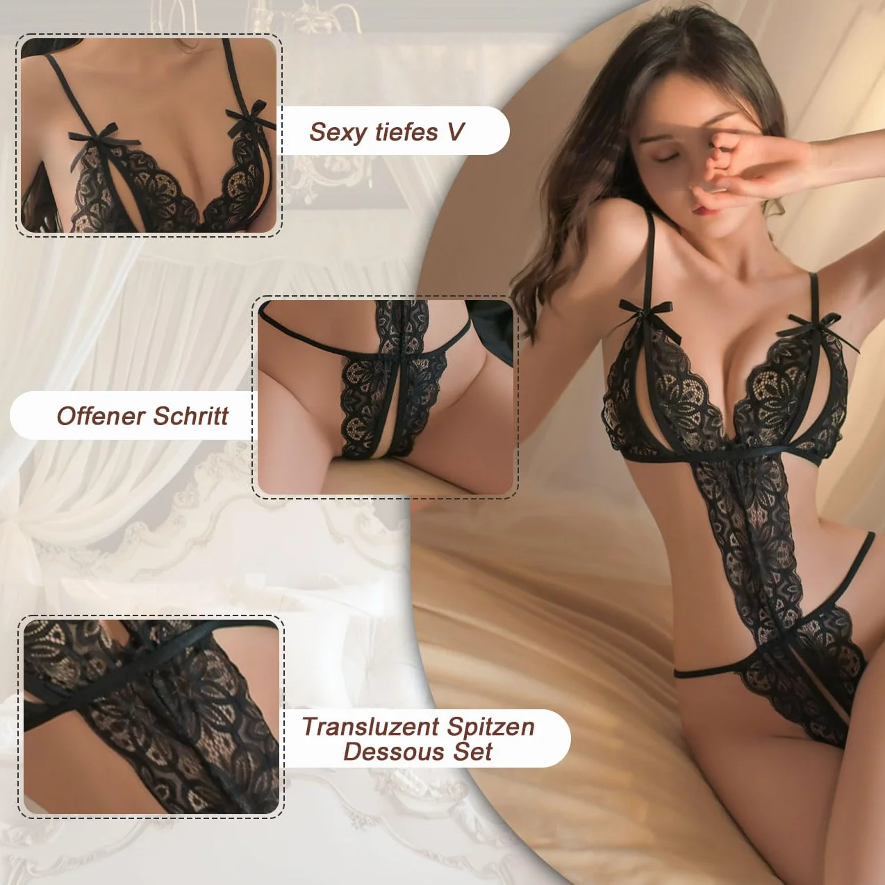 Sexy Lingerie Set Body Nightwear Erotico Pizzo Traslucido Strappy Bow Hole Mutandine Reggiseno Regolabile Aperto Camicia Notte Taglia Unica Nero