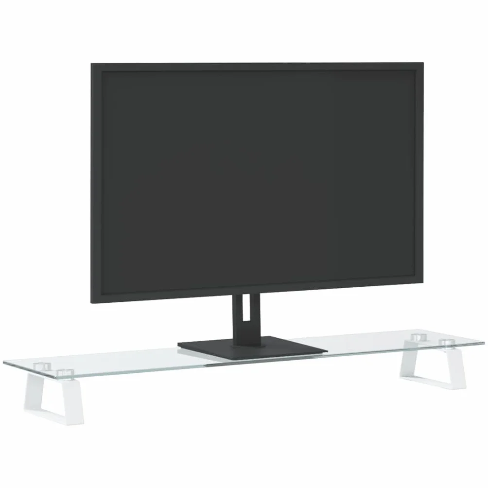 Supporto per monitor bianco in vetro temperato e metallo, 80 x 20 x 8 cm, con ripiano per tastiera e gestione dei cavi, per scrivania, home office, ufficio e posto di lavoro
