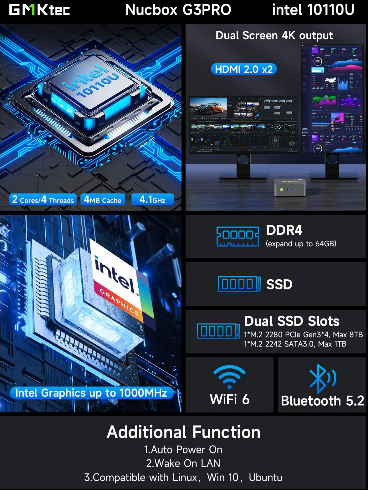 GMKtec G3 PRO Mini PC Intel Core i3-10110U 16GB RAM 512GB SSD M.2 2x4K HDMI USB 3.2 Wi-Fi 6 BT 5.2 LAN 2.5G